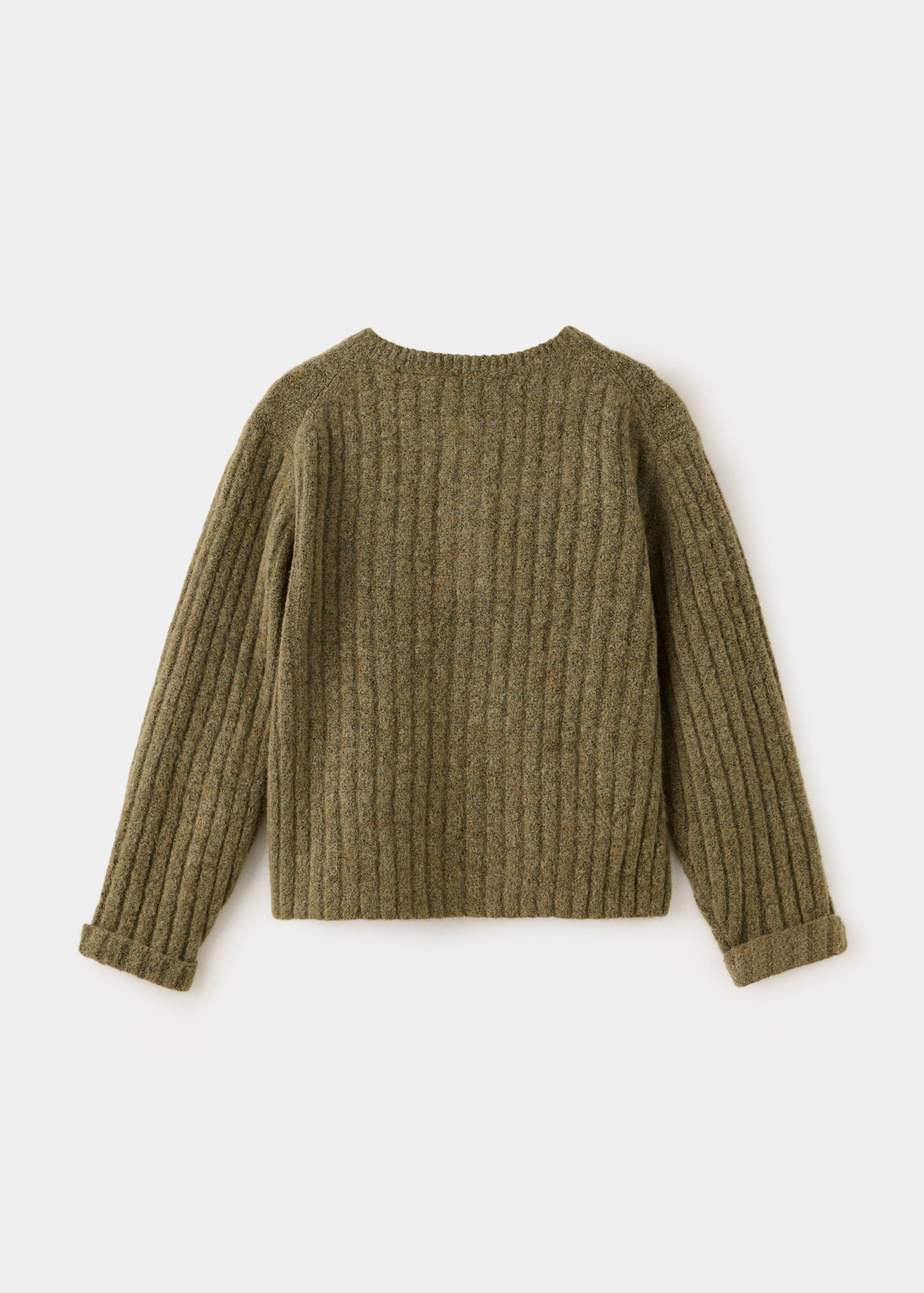 Back view of an olive green rib-knit jersey sweater with long sleeves.