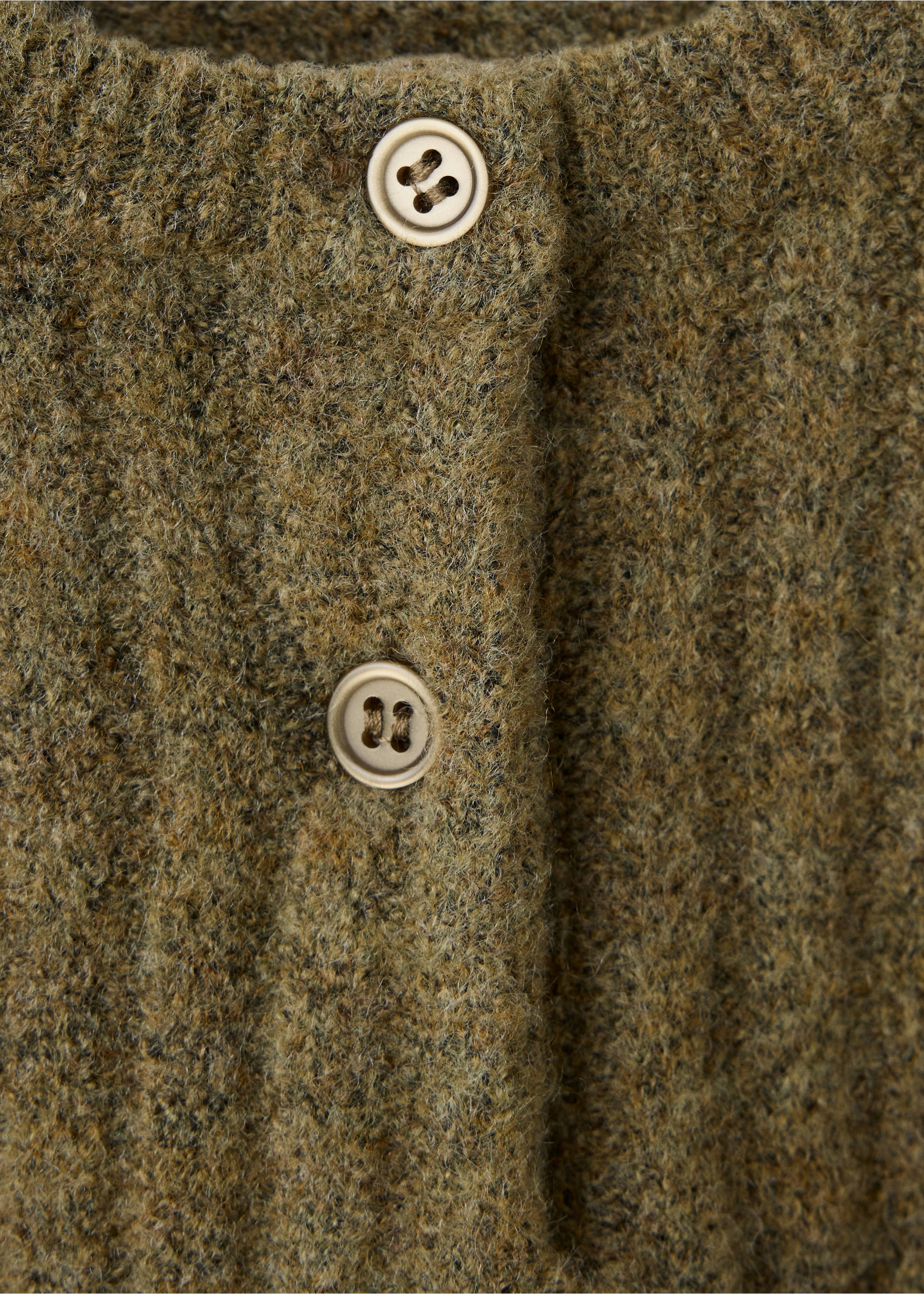 Close-up of an olive green knitted kids' jersey with textured ribbing and buttons., Khaki. Ref: 37077937-00.