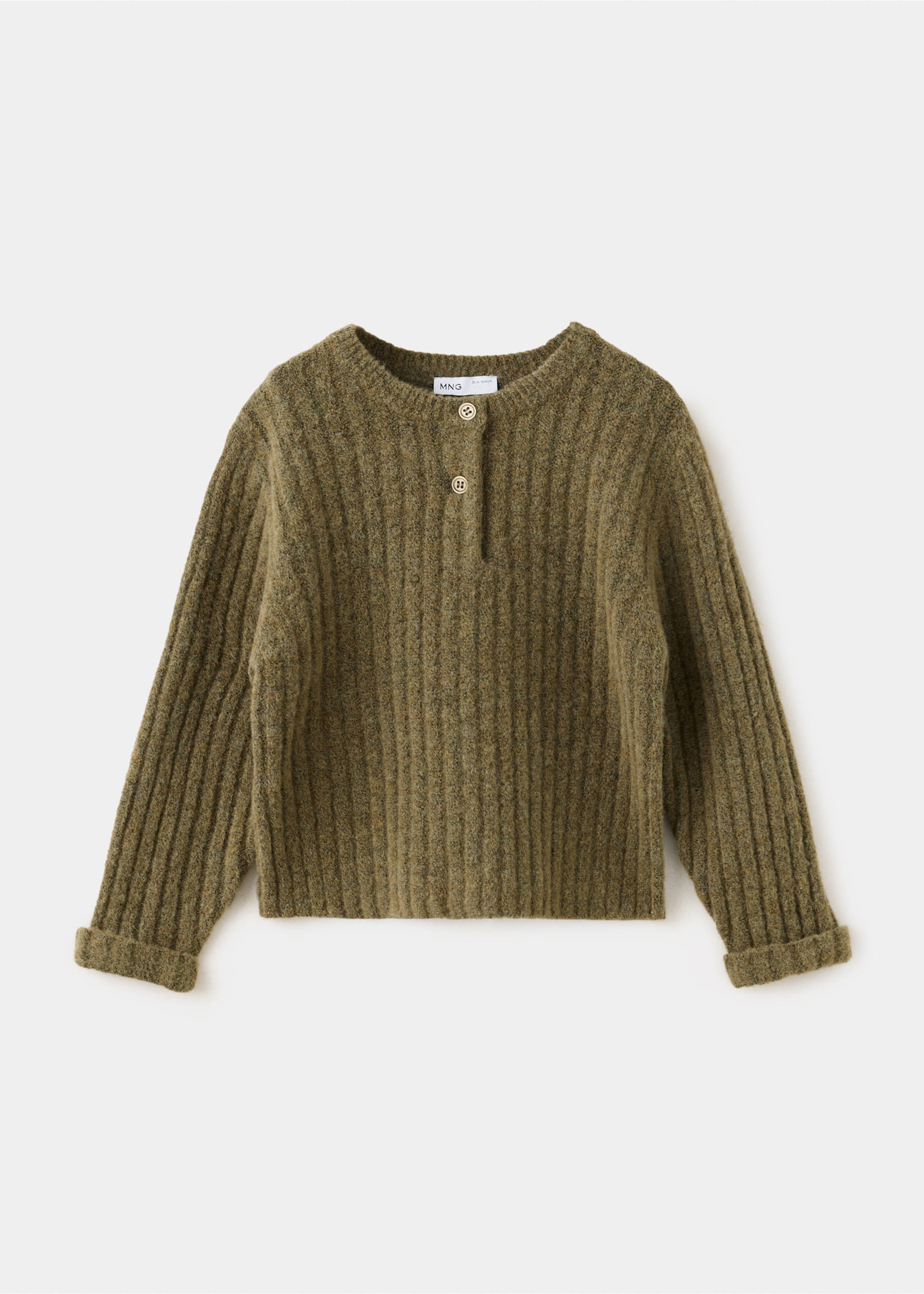 Khaki green ribbed knit jersey with a round neckline and front button placket., Khaki. Ref: 37077937-00.