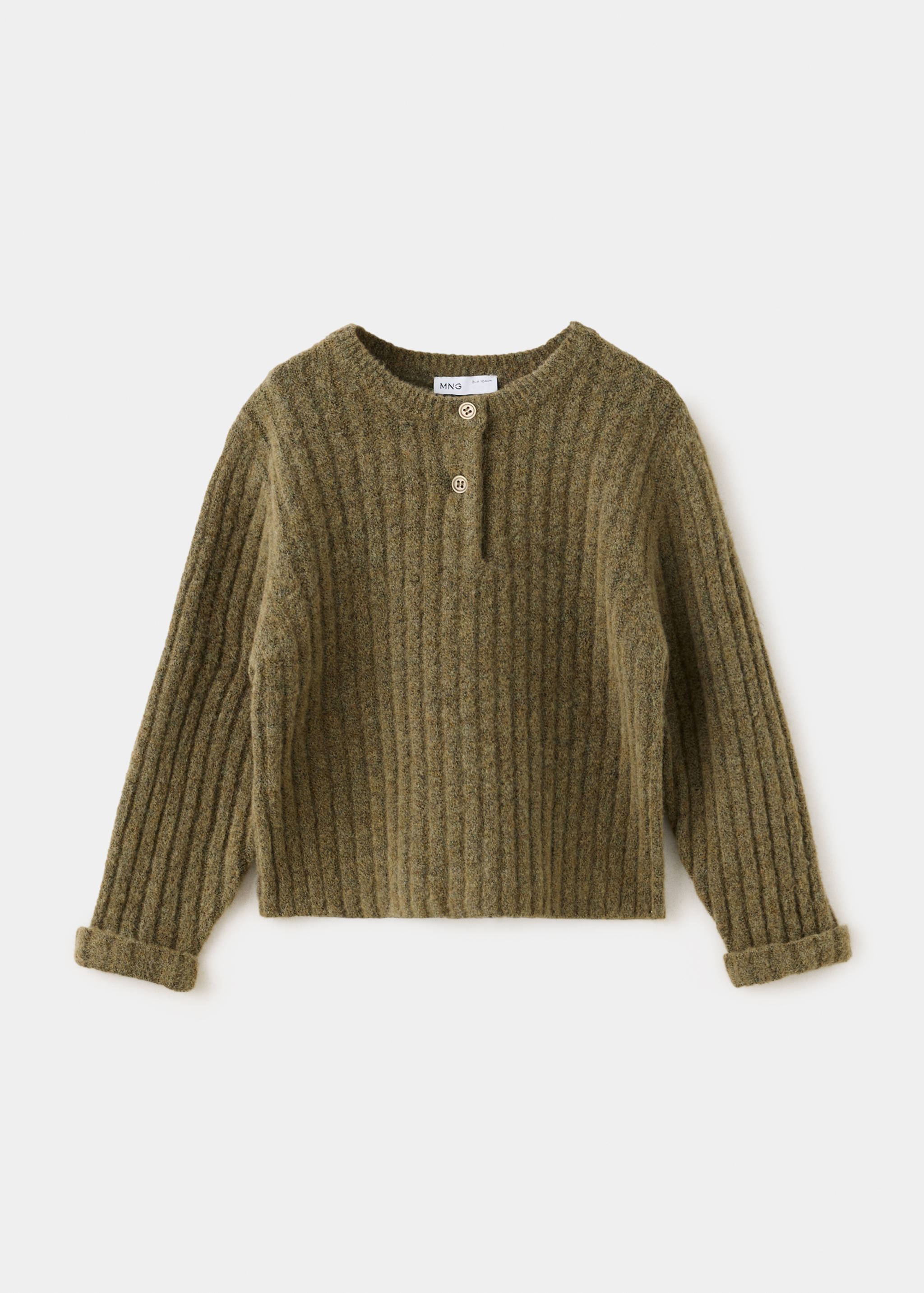 Khaki green ribbed knit jersey with a round neckline and front button placket.
