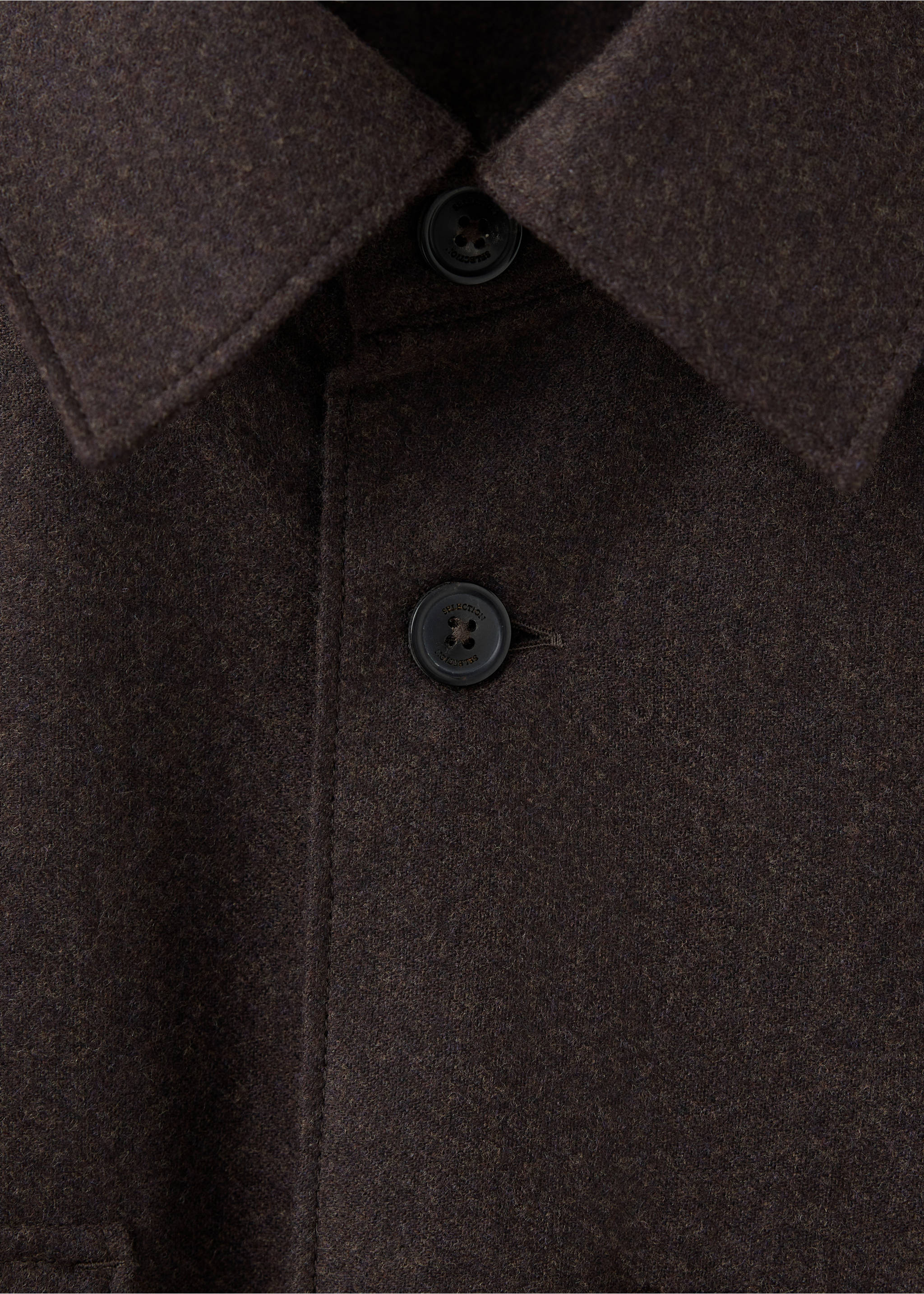 Close-up of a dark brown overshirt collar and button placket., Chocolate. Ref: 37077938-00.