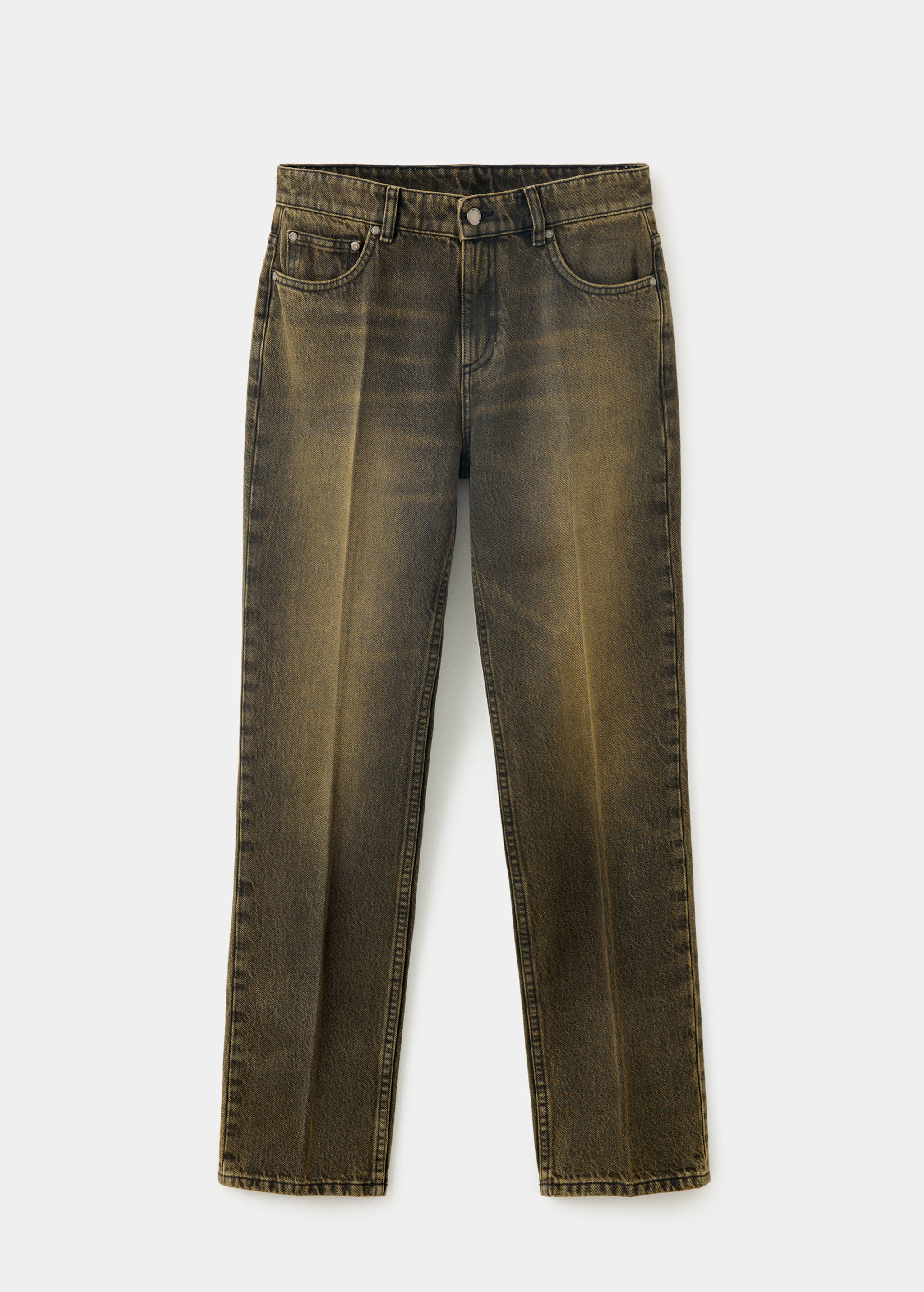 Olive-brown straight-leg denim trousers with a vintage wash and pressed creases.