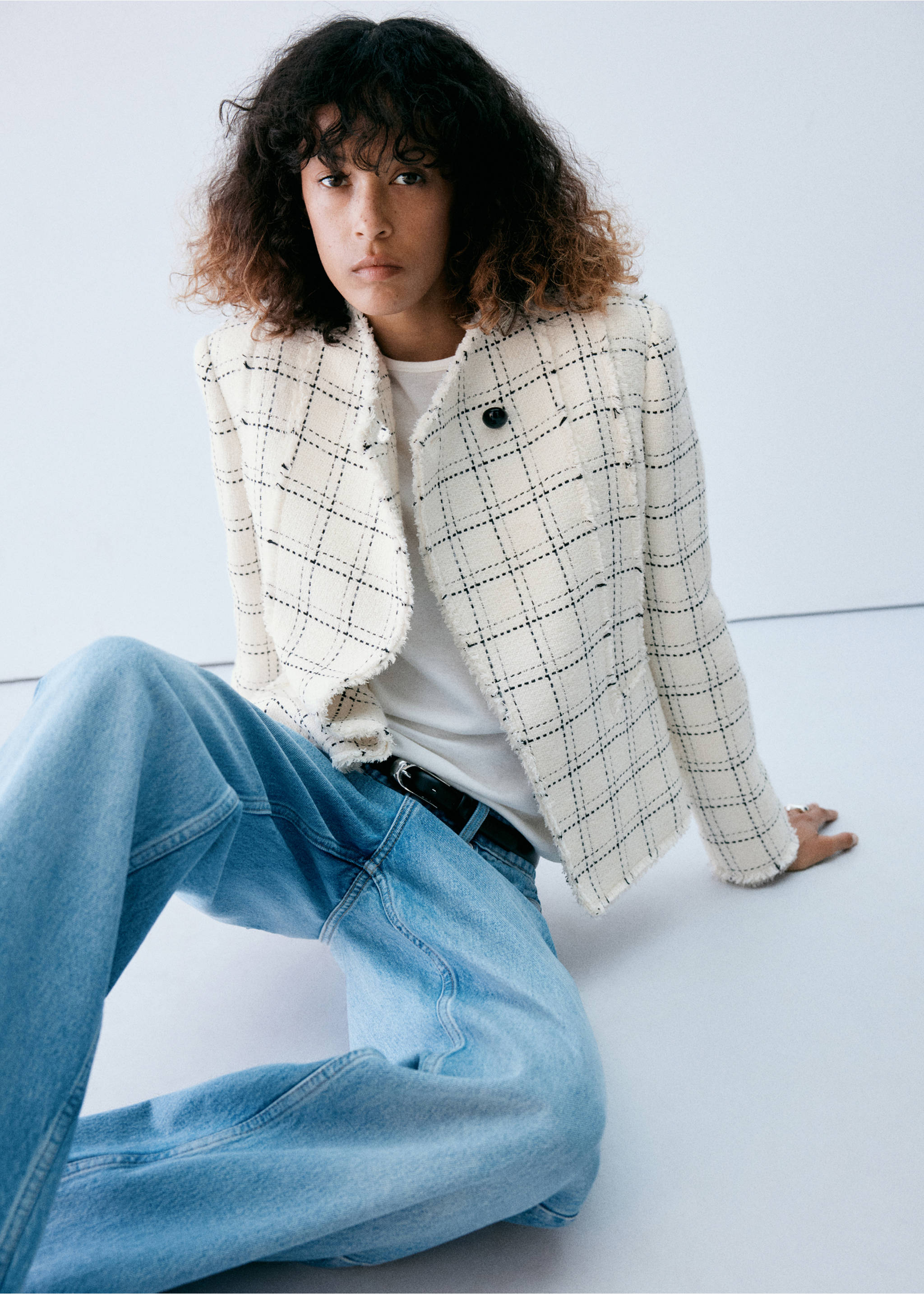 Checkered Jacket with Tweed Collar - Medium plane, Ecru. Ref: 37077942-00.