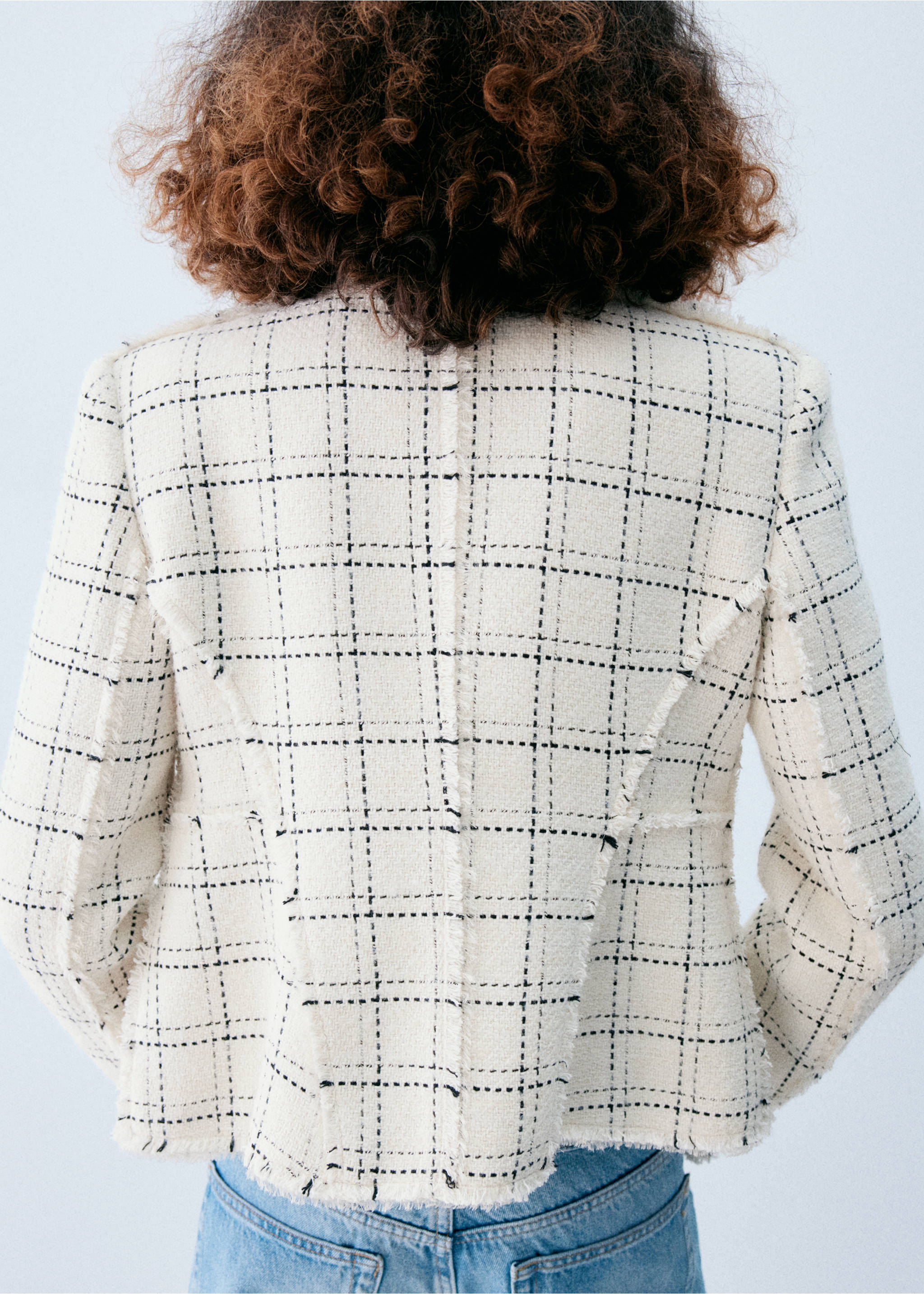 Checkered Jacket with Tweed Collar - Reverse of the article, Ecru. Ref: 37077942-00.