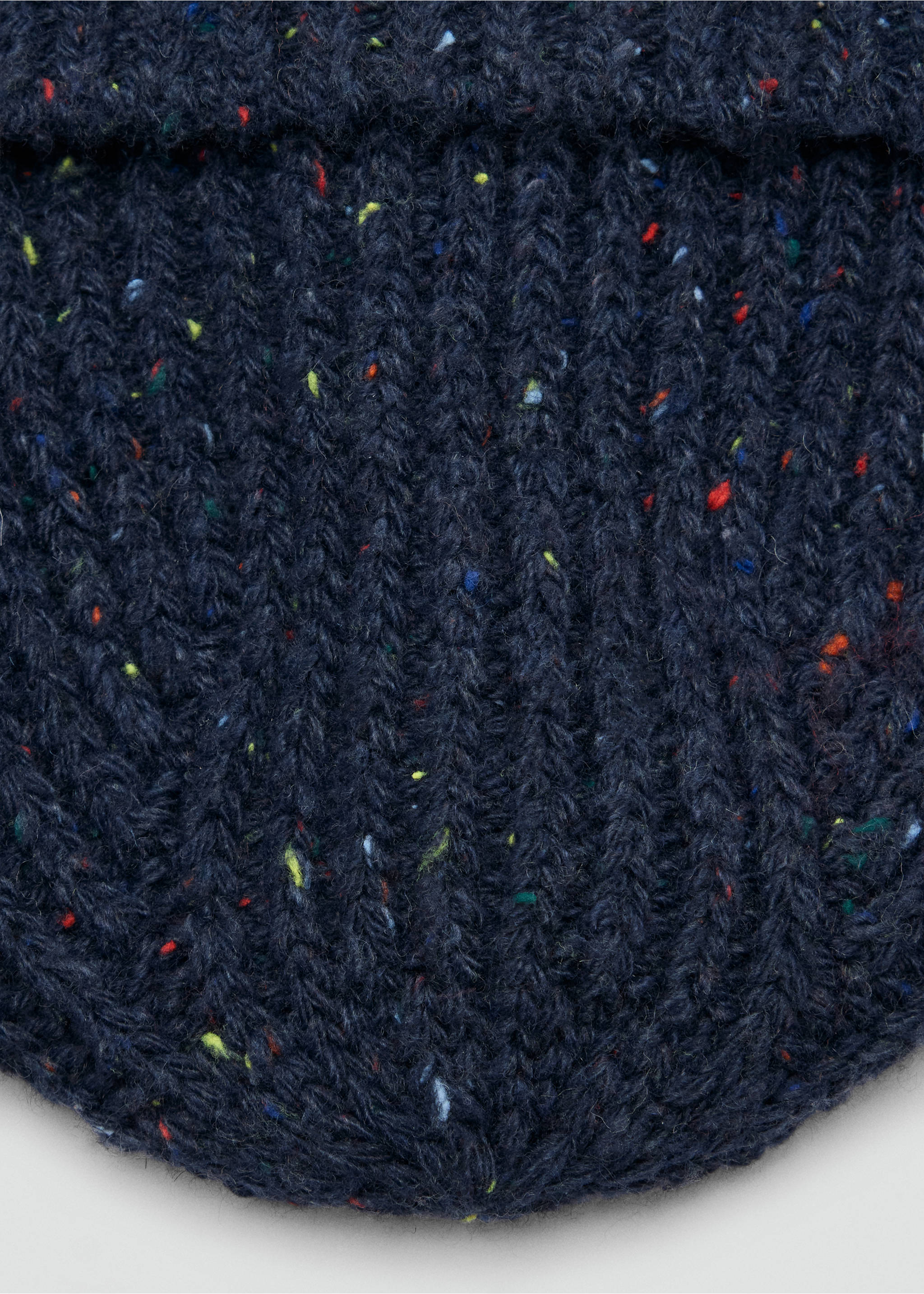 Dark blue ribbed knit beanie with multicoloured flecks in close-up., Navy. Ref: 37078263-00.
