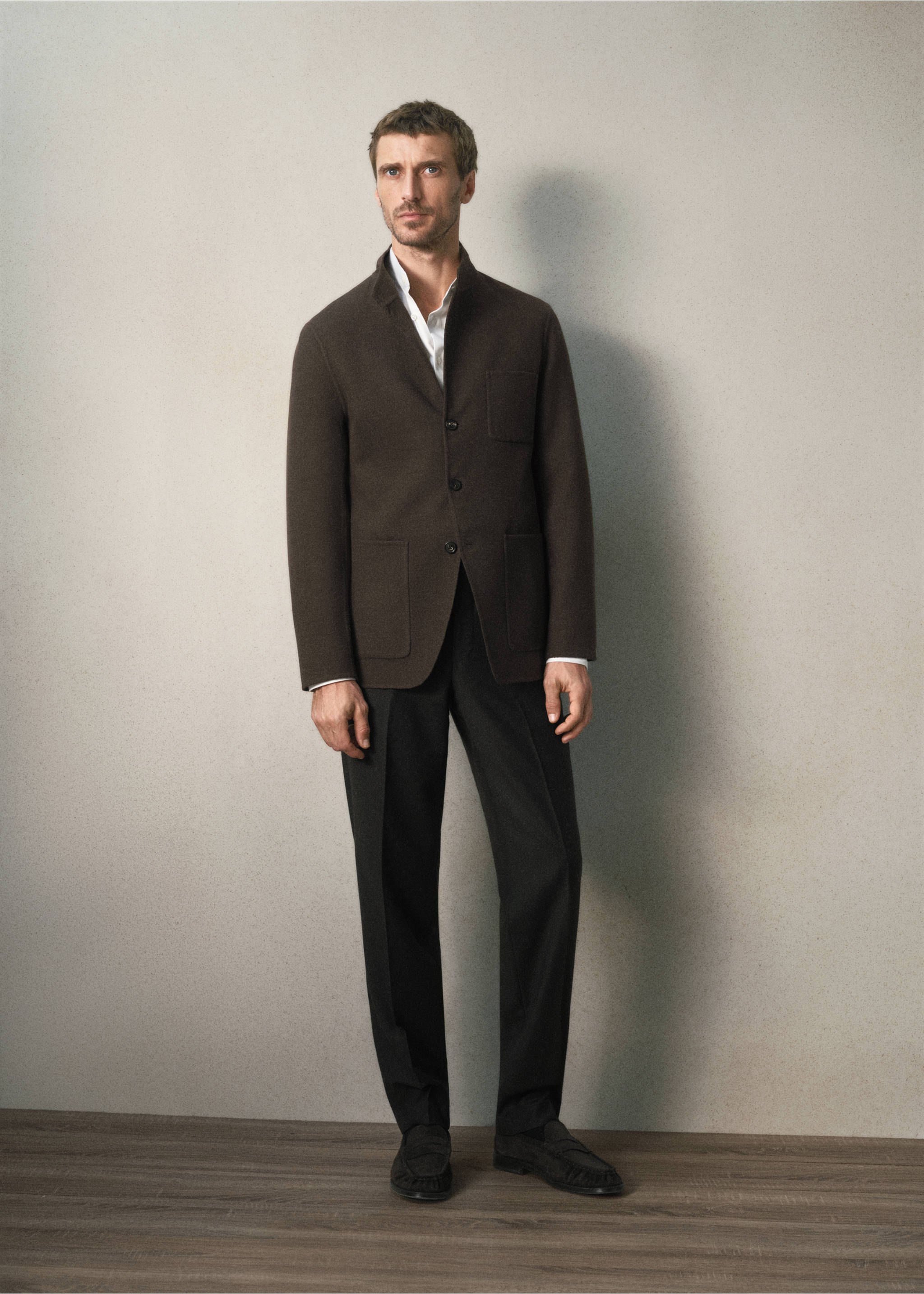 Slim fit blazer with collar strap, 100% wool - General plane, Brown. Ref: 37078266-00.