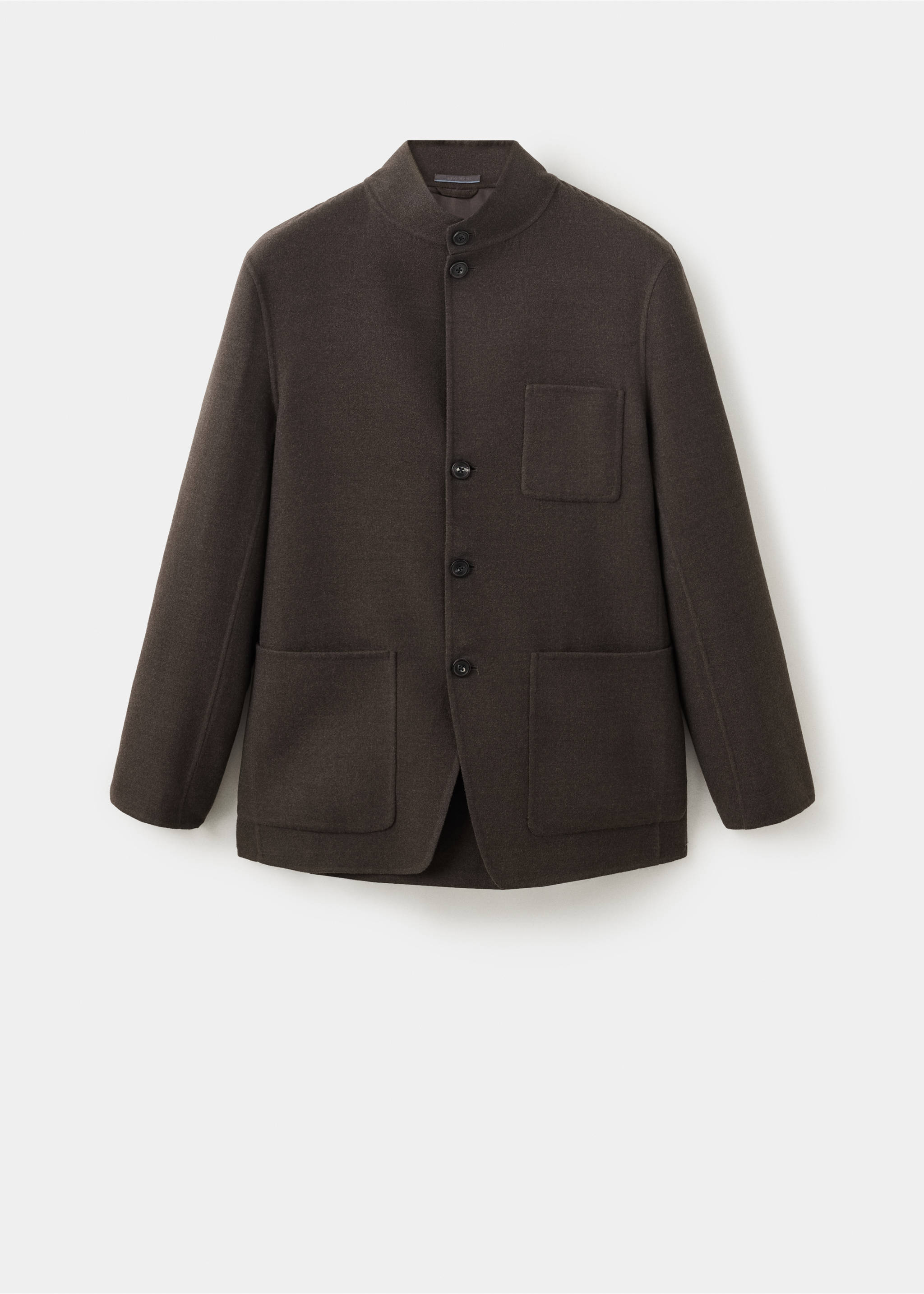 Dark brown men's blazer with a mandarin collar and patch pockets., Brown. Ref: 37078266-00.