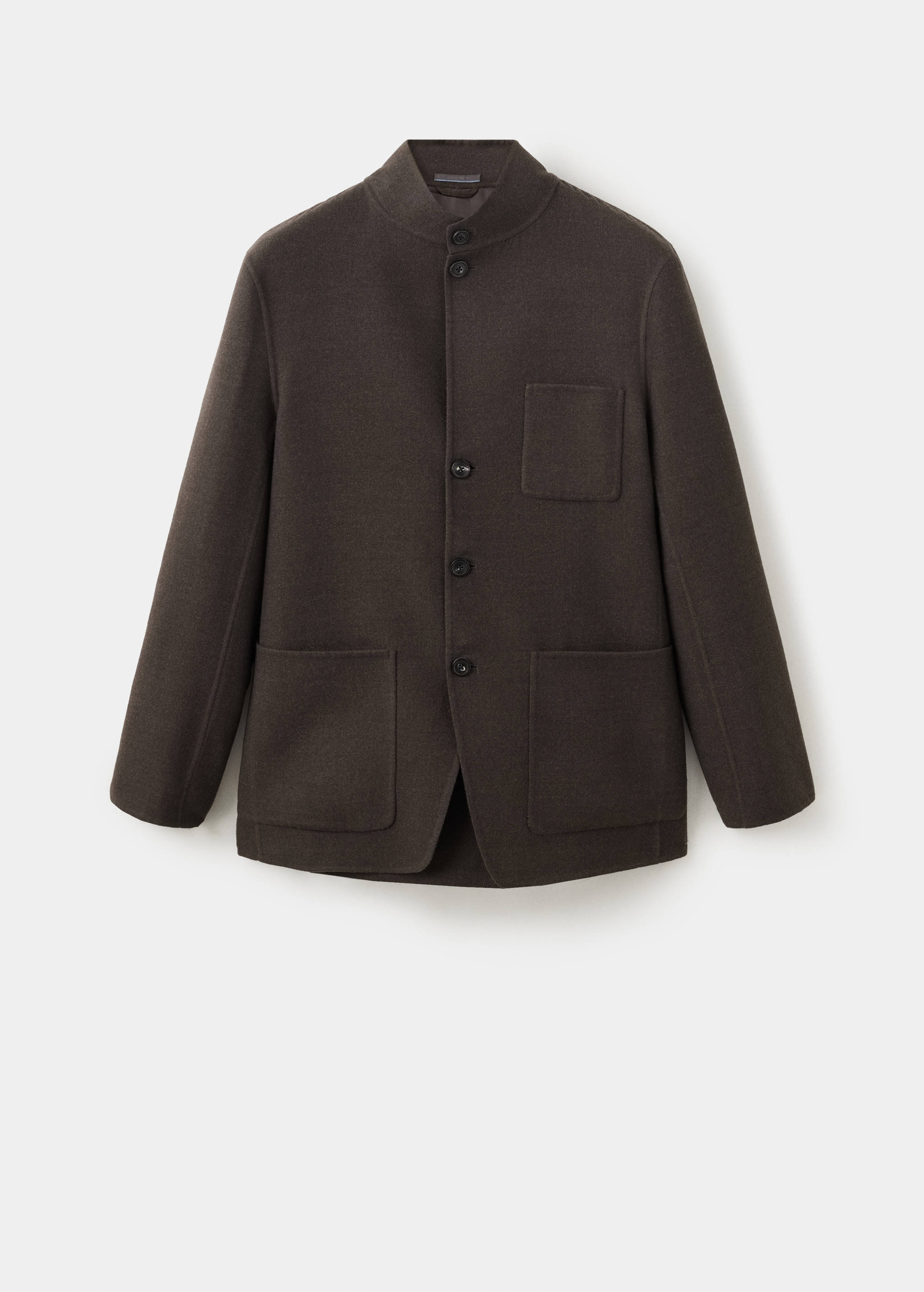 Dark brown men's blazer with a mandarin collar and patch pockets.