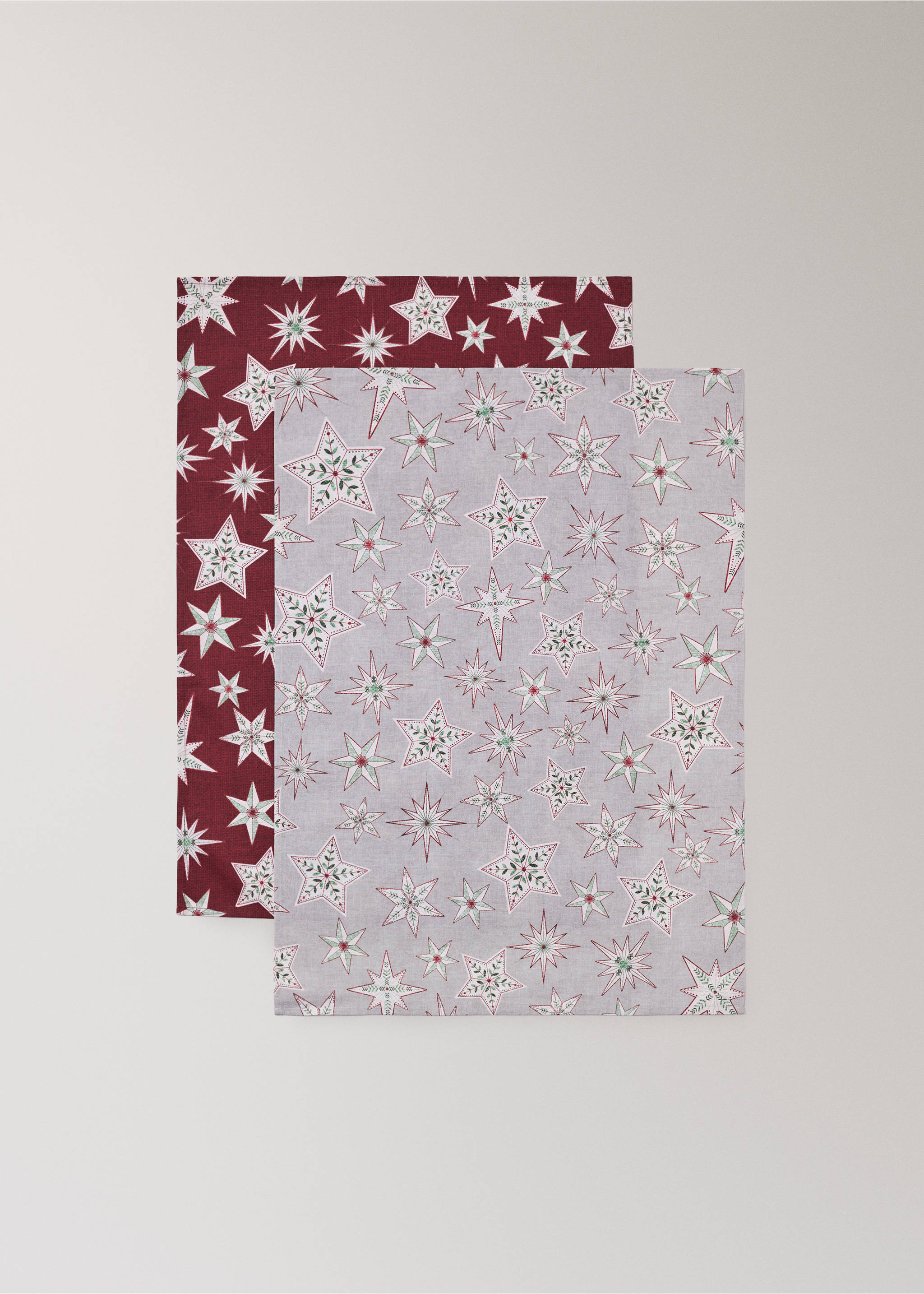 Two cotton kitchen towels with Christmas star prints in grey and burgundy., Red. Ref: 37078268-00.