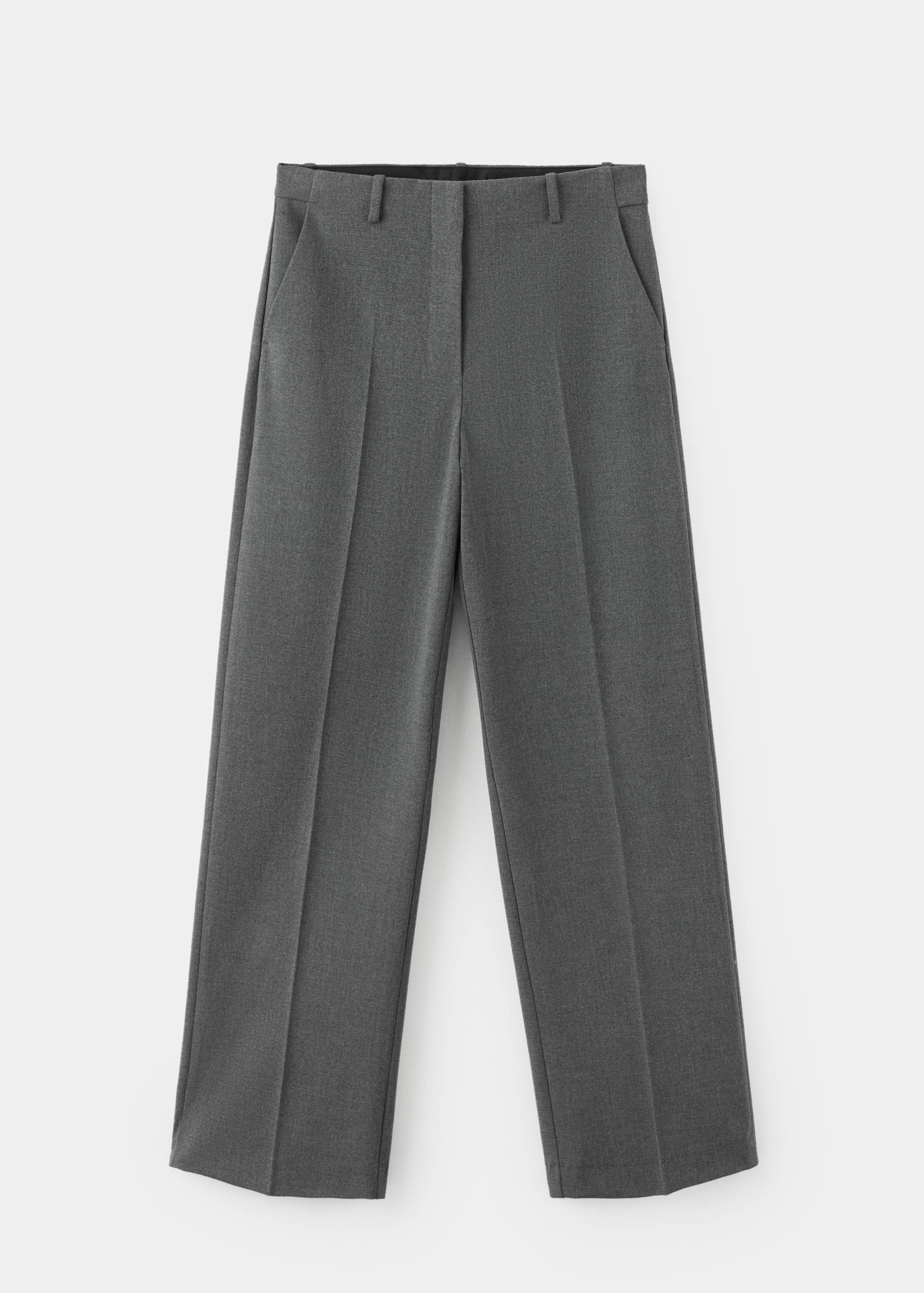 Dark grey straight-leg trousers with front creases and belt loops.