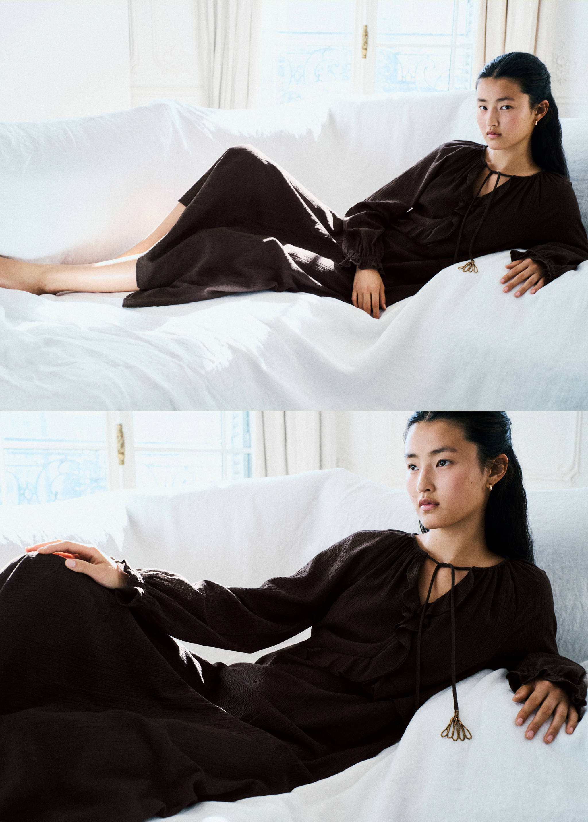 Long-sleeved dark brown dress with tie neckline and metallic tassels, shown in a two-panel view.