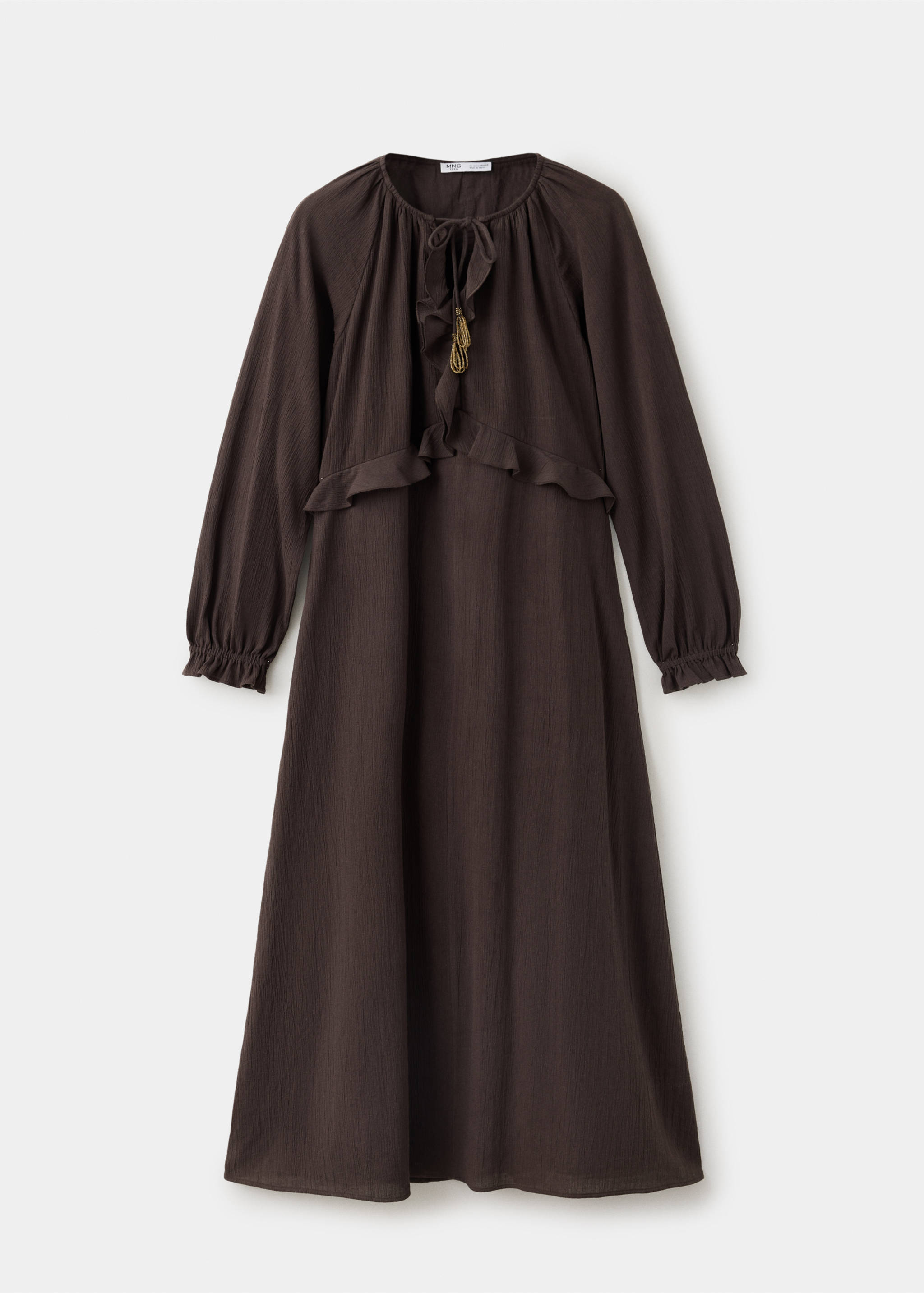 Dark brown long-sleeved midi dress with ruffles and tassel ties., Brown. Ref: 37078276-00.