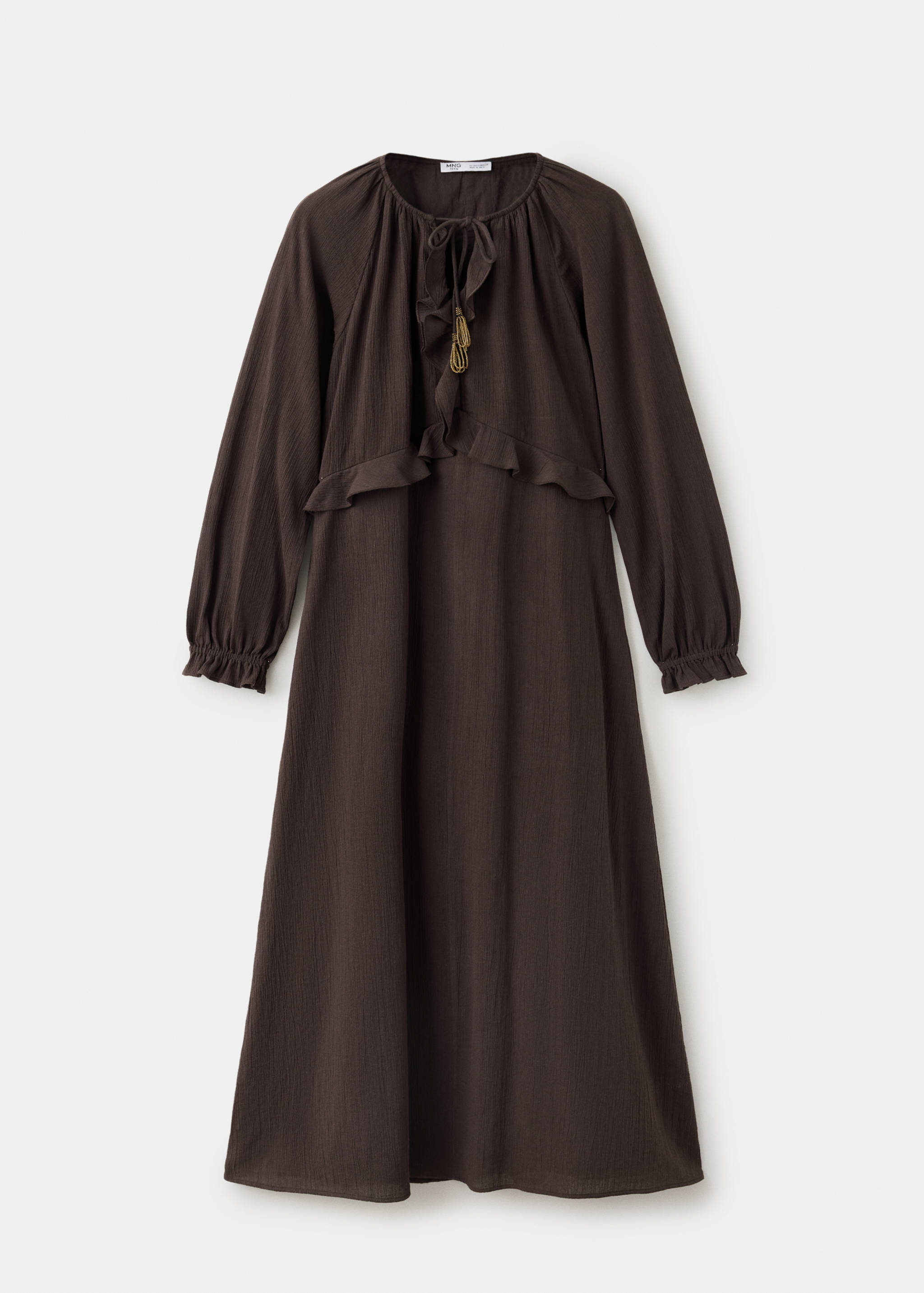 Dark brown long-sleeved midi dress with ruffles and tassel ties.