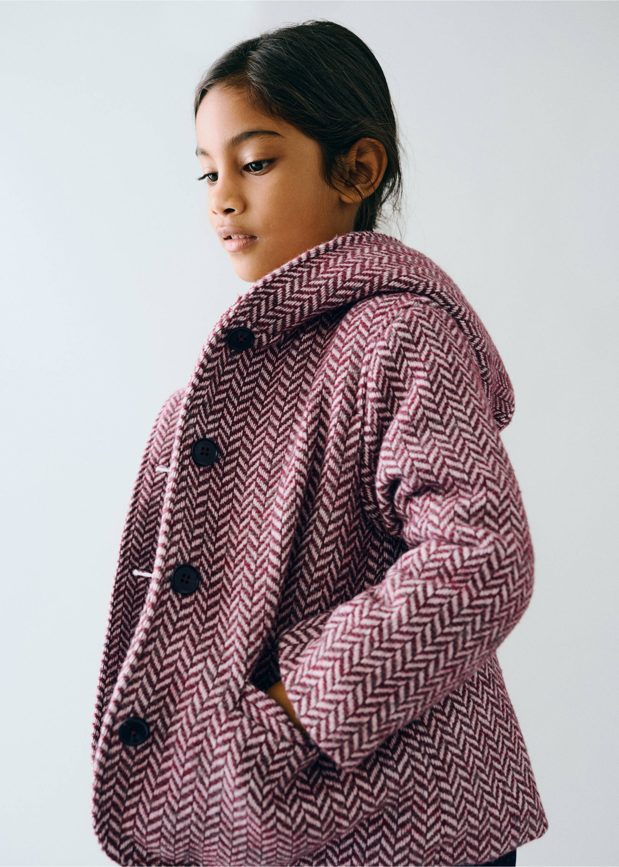 Manteau en drap de laine à chevron - Plan général, Rose. Ref: 37078277-00.