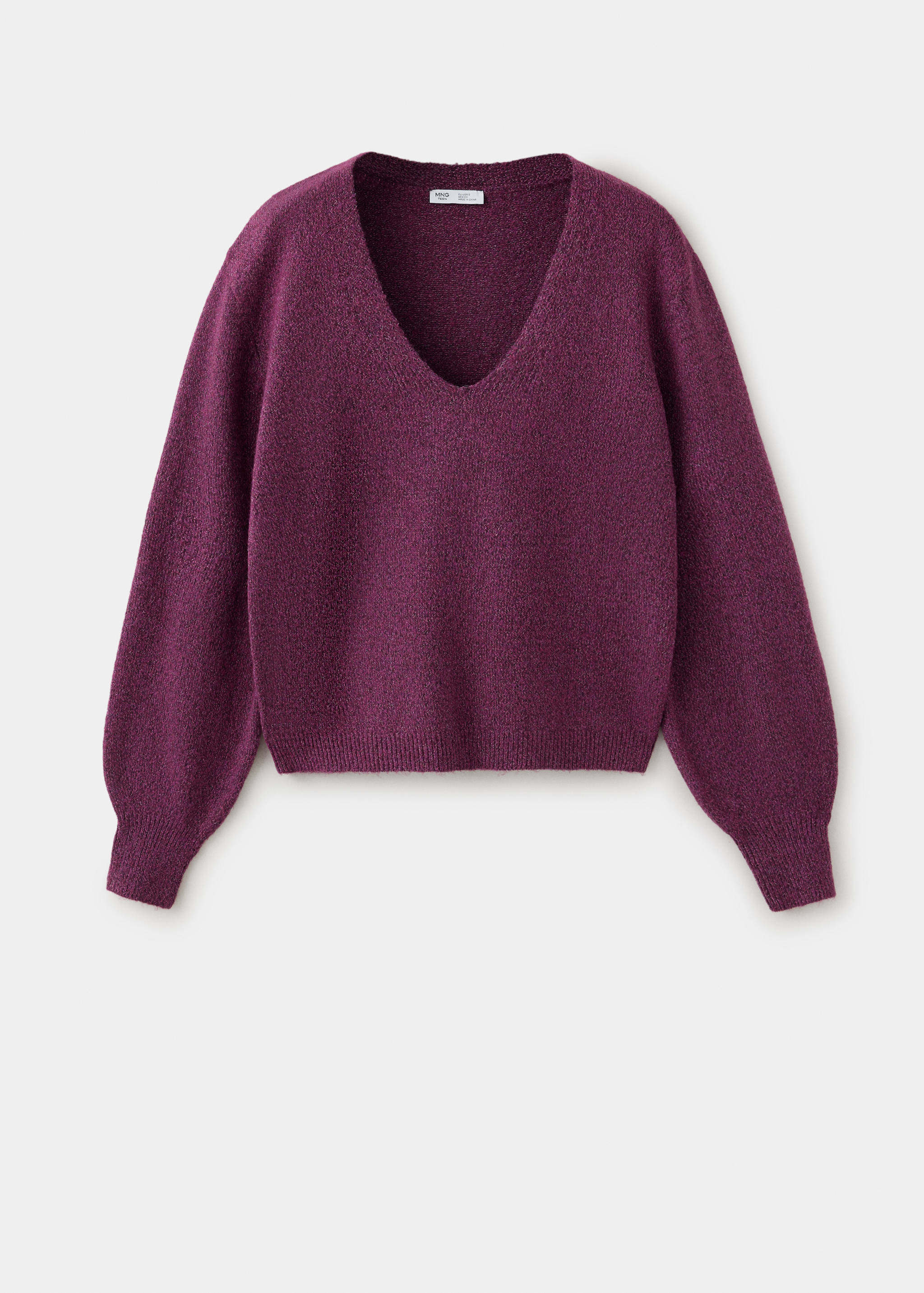 Dark plum jersey sweater with a V-neckline.