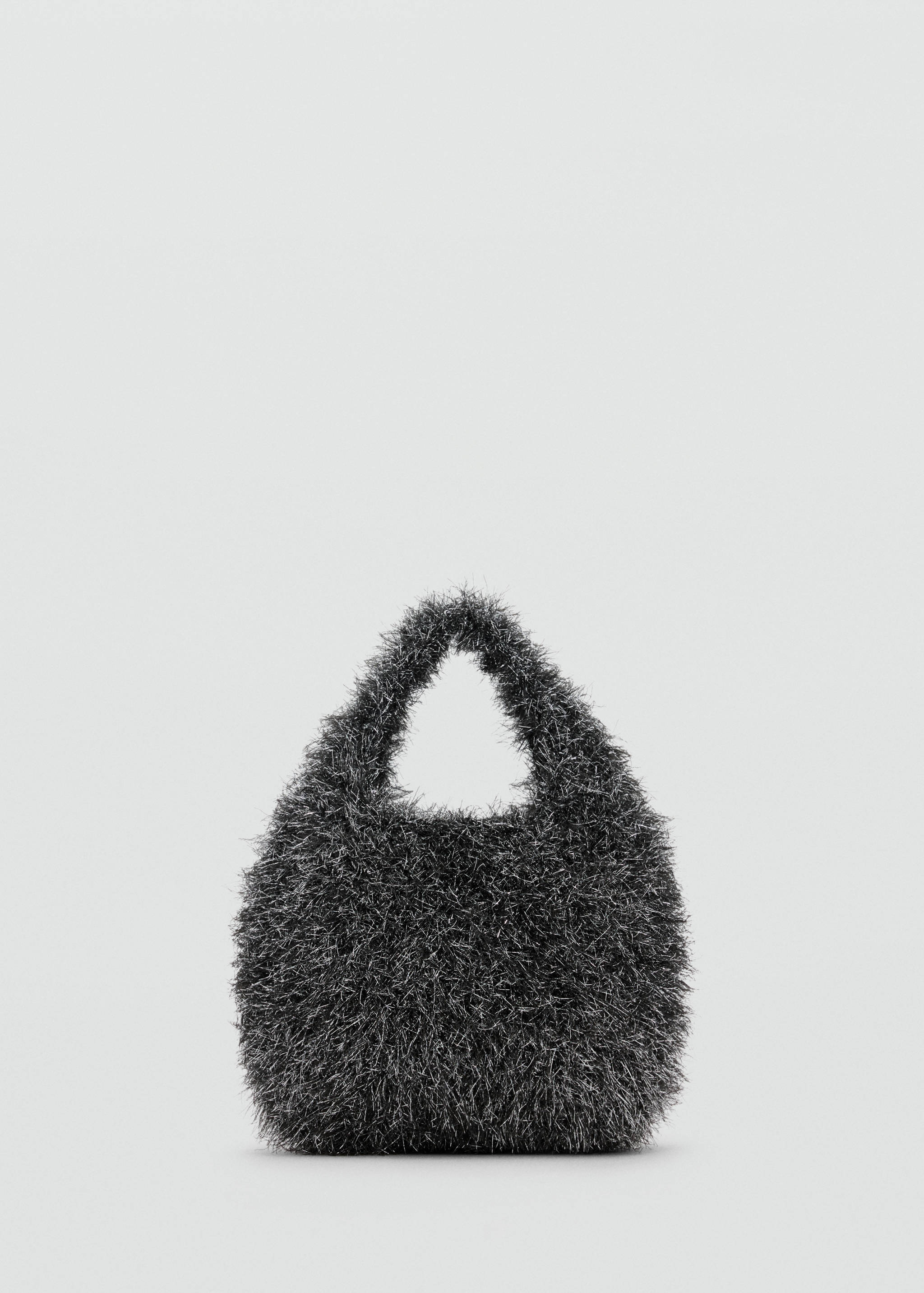 Minibolso texturizado en negro y plateado con asa de mano integrada.