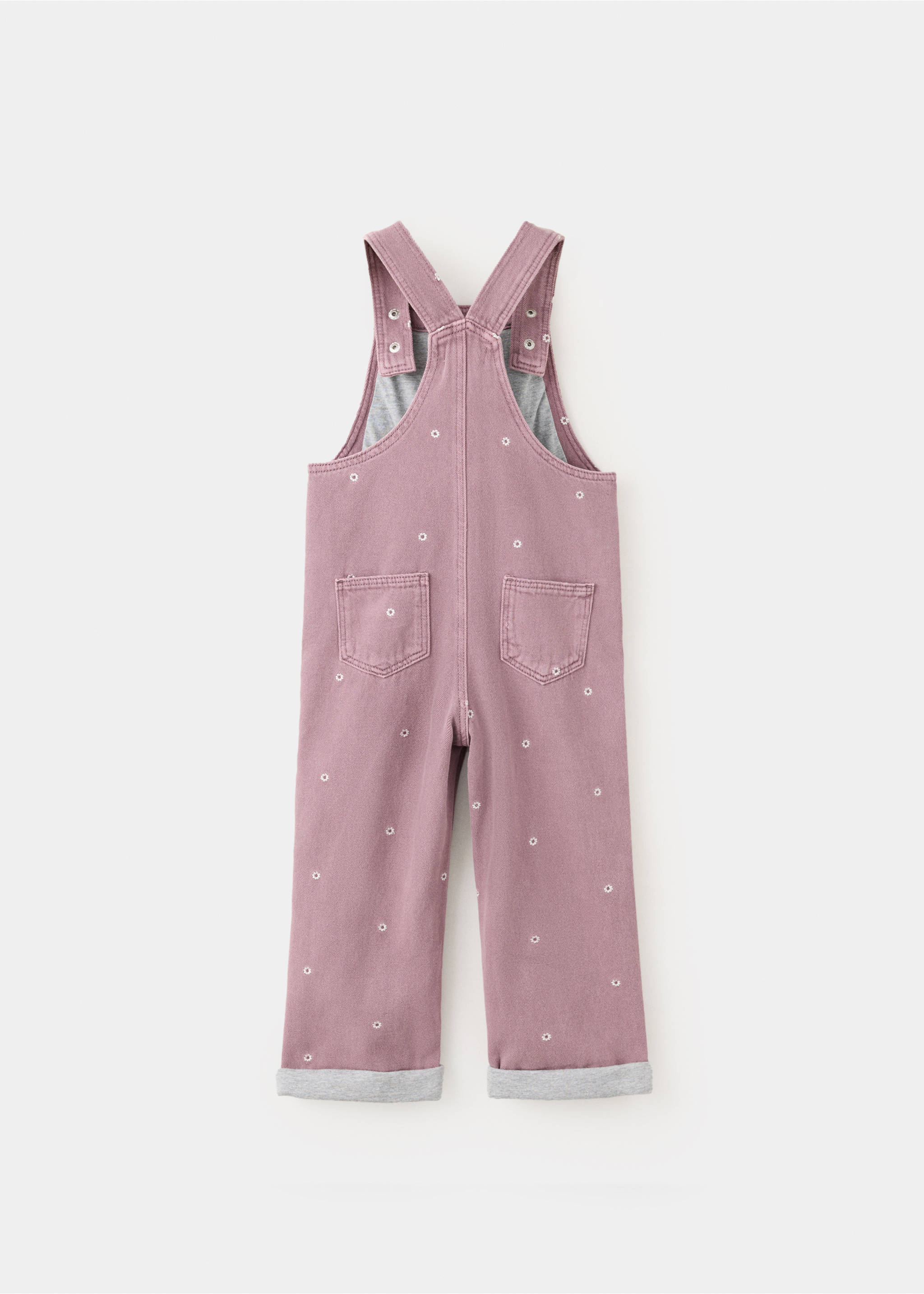 Pink floral print denim dungarees with back view and turned-up cuffs., Lilac. Ref: 37078285-00.