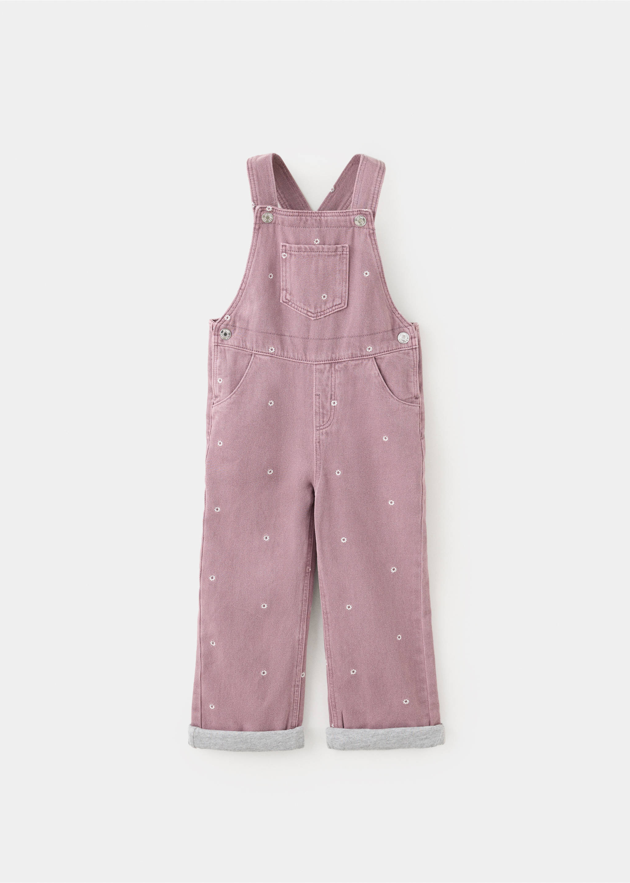 Mauve floral embroidered denim dungarees with rolled-up cuffs., Lilac. Ref: 37078285-00.
