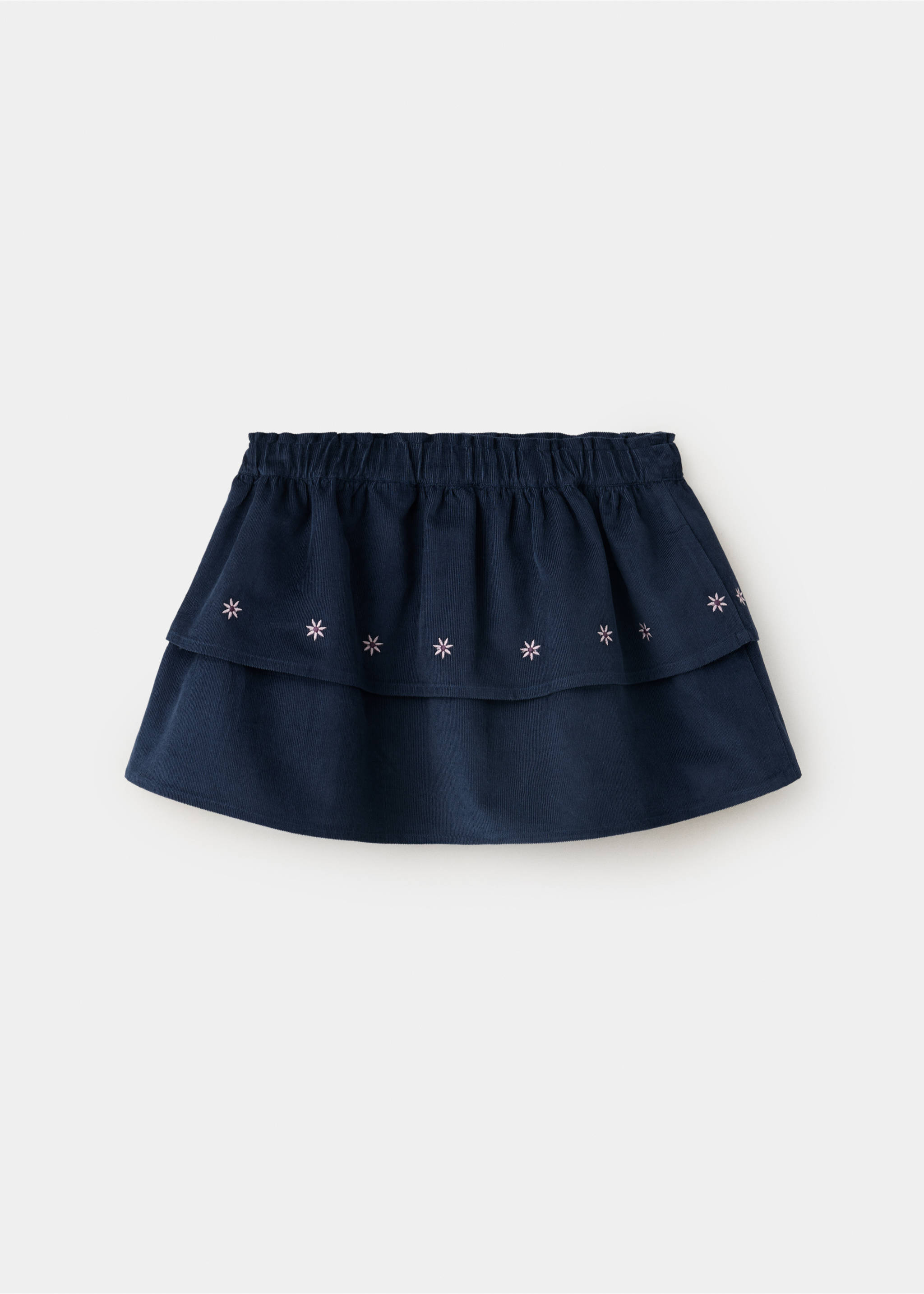 Navy blue kids' tiered skirt with an elasticated waistband and pink embroidered stars., Navy. Ref: 37078286-00.