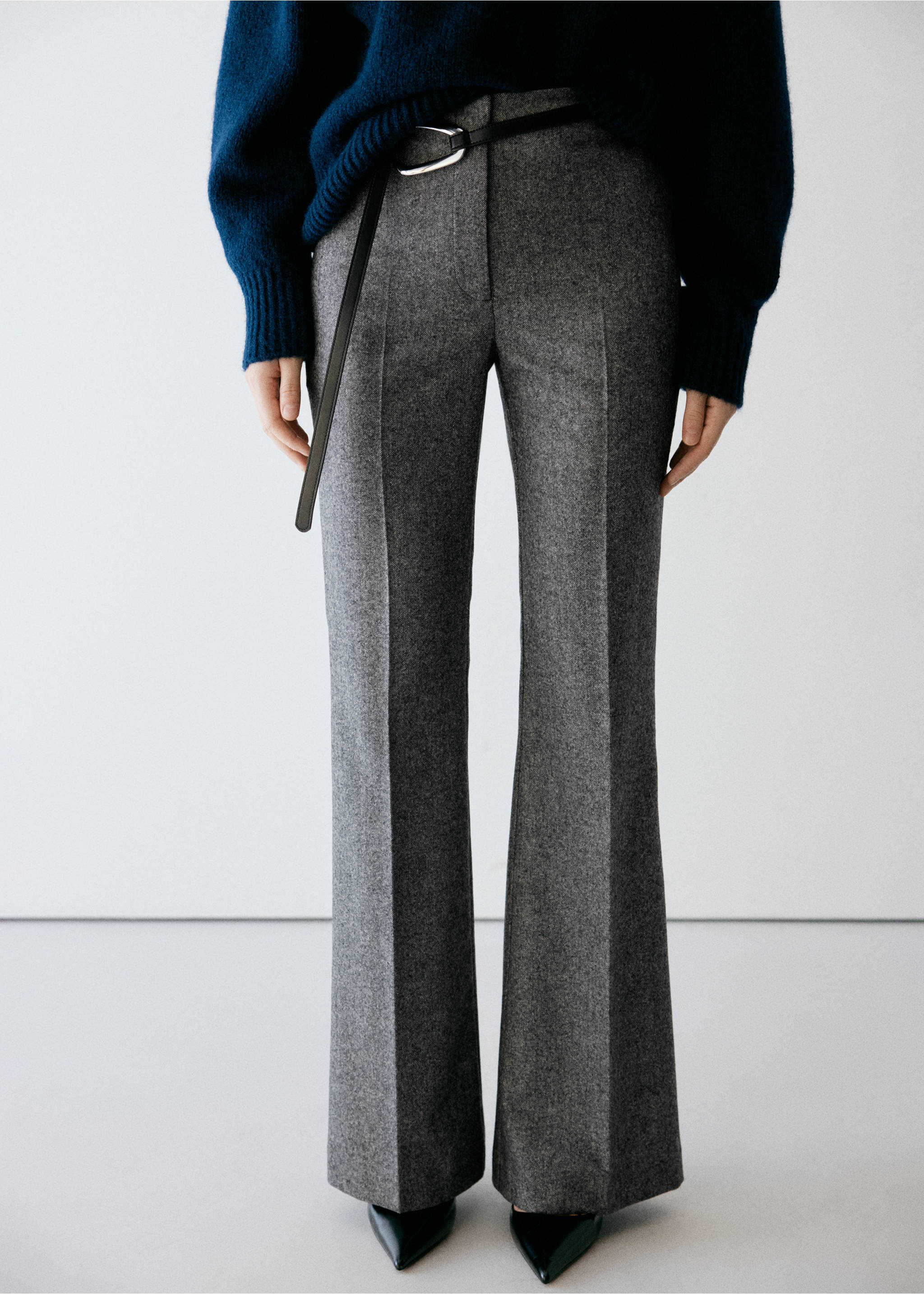 Grey melange tailored trousers with pressed creases and a black belt., Medium Heather Grey. Ref: 37078287-00.