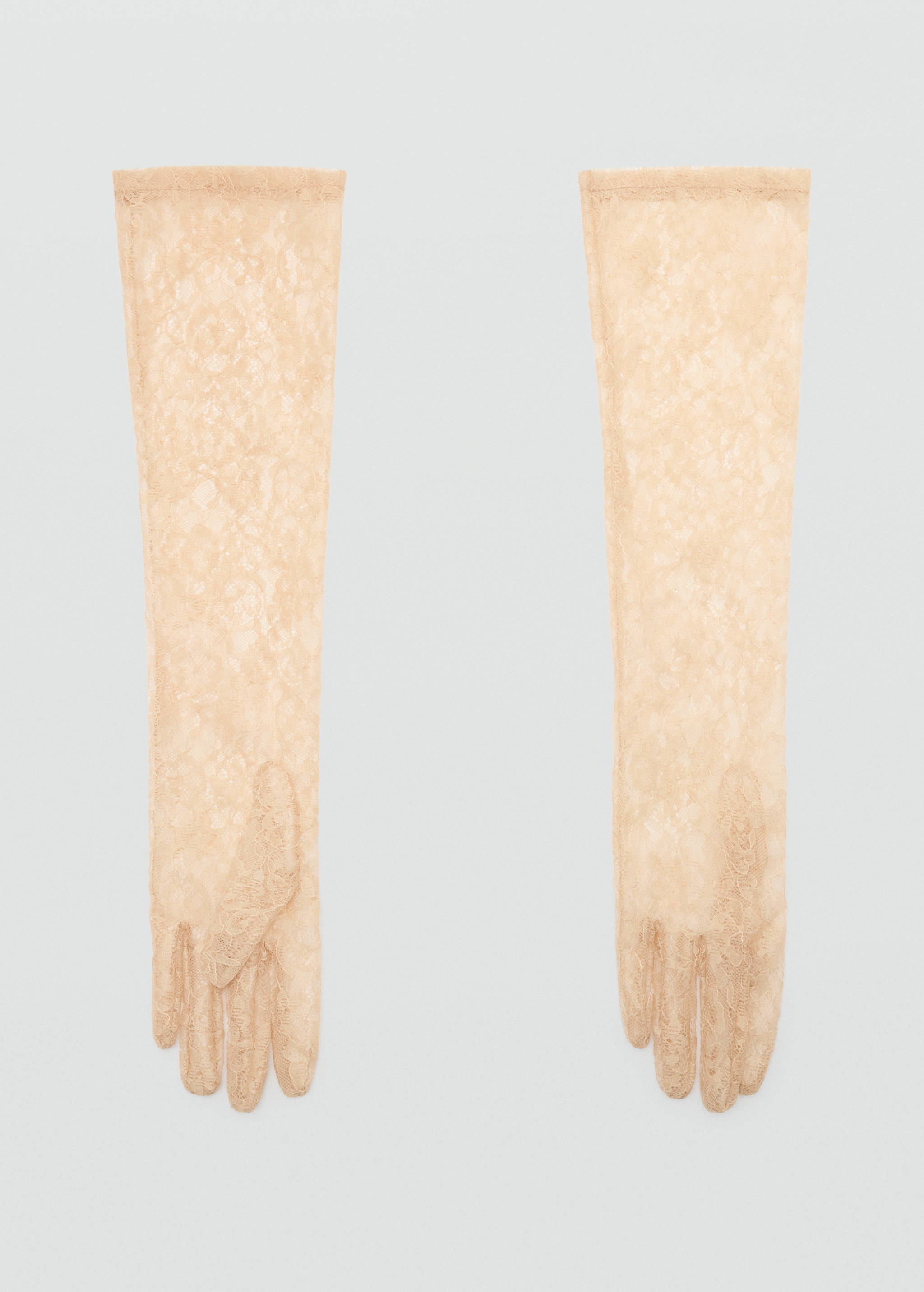 Long beige lace gloves in a floral pattern.