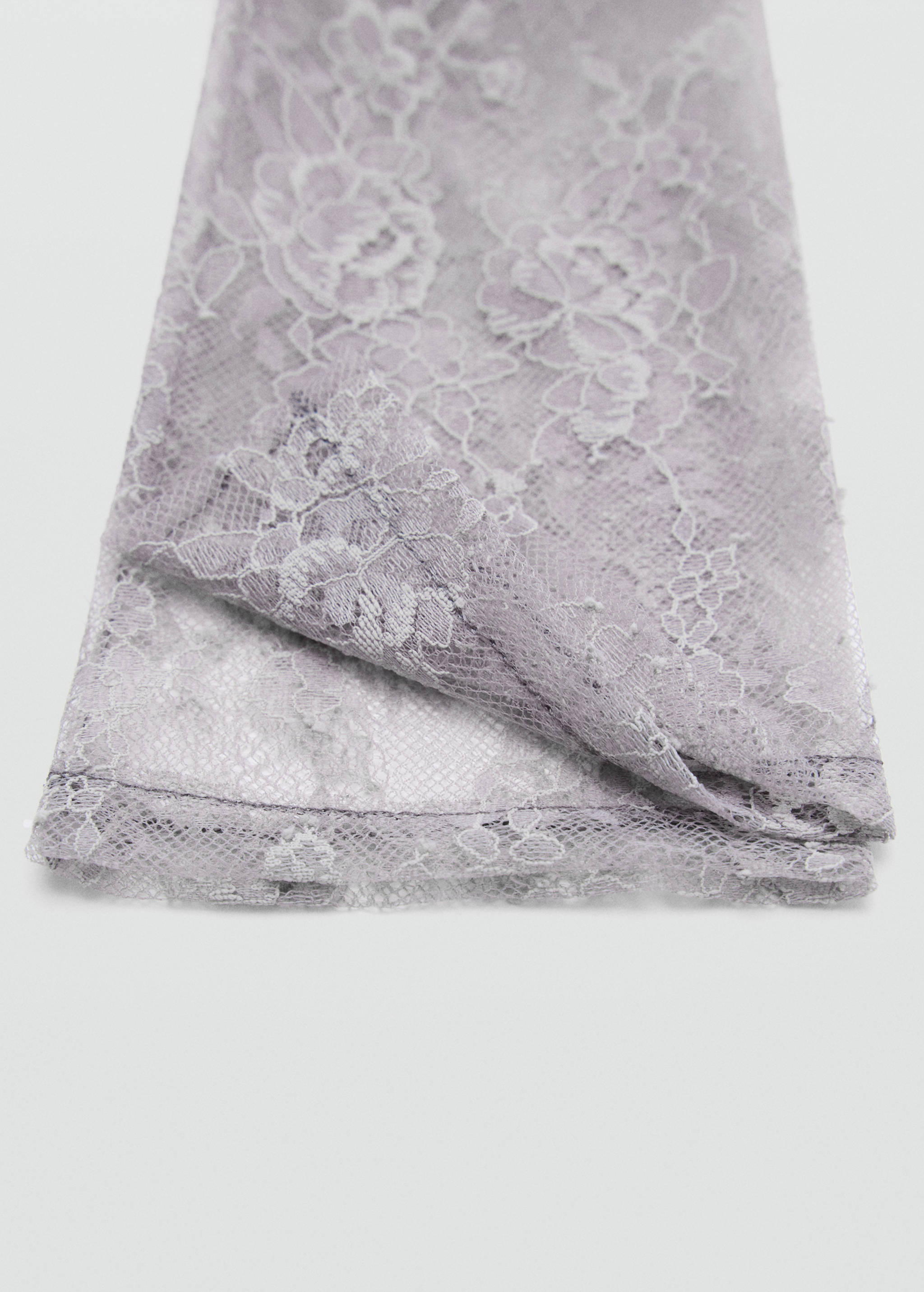 Lilac-grey floral lace gloves with sheer fabric and a scalloped hem.