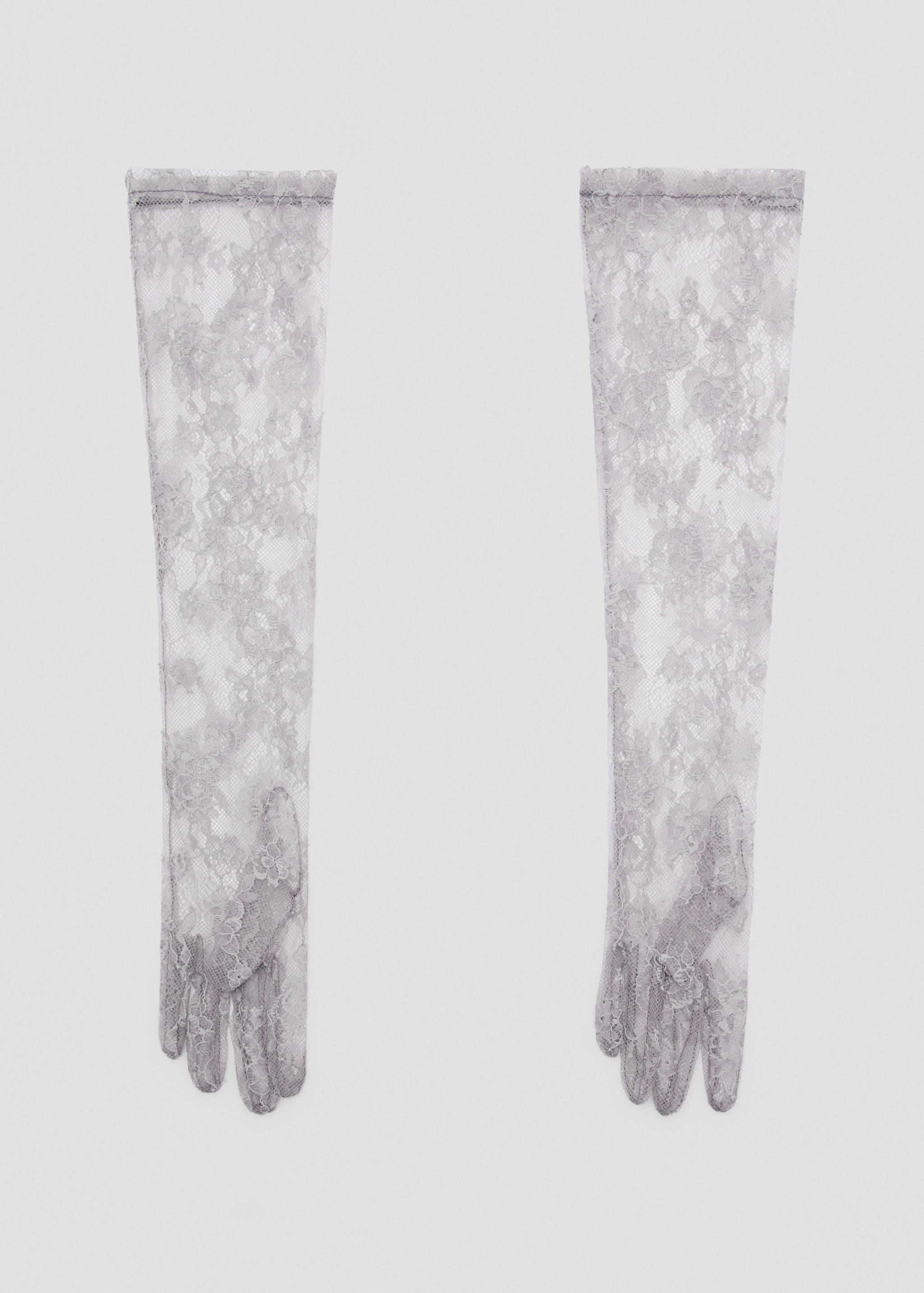 Long grey lace gloves with a sheer floral pattern.