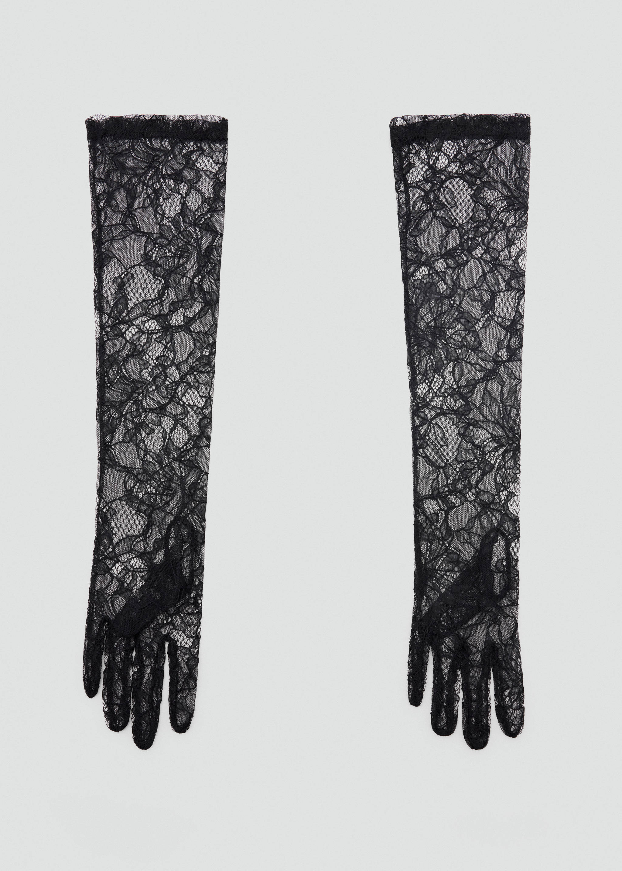 Long black floral lace gloves.