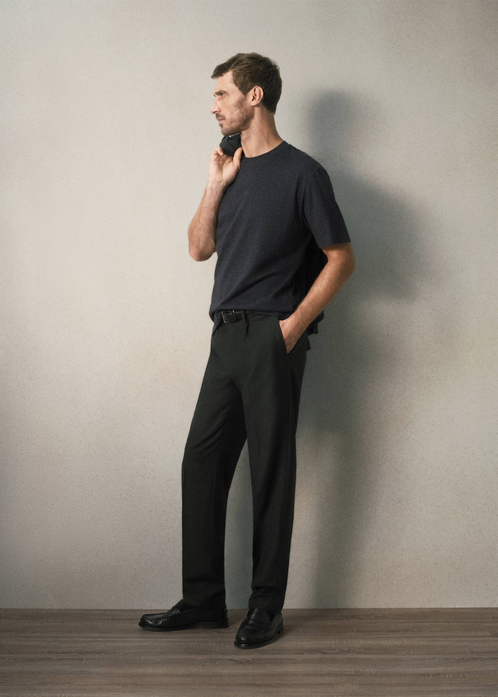 Dark grey short-sleeved t-shirt with a crew neckline.