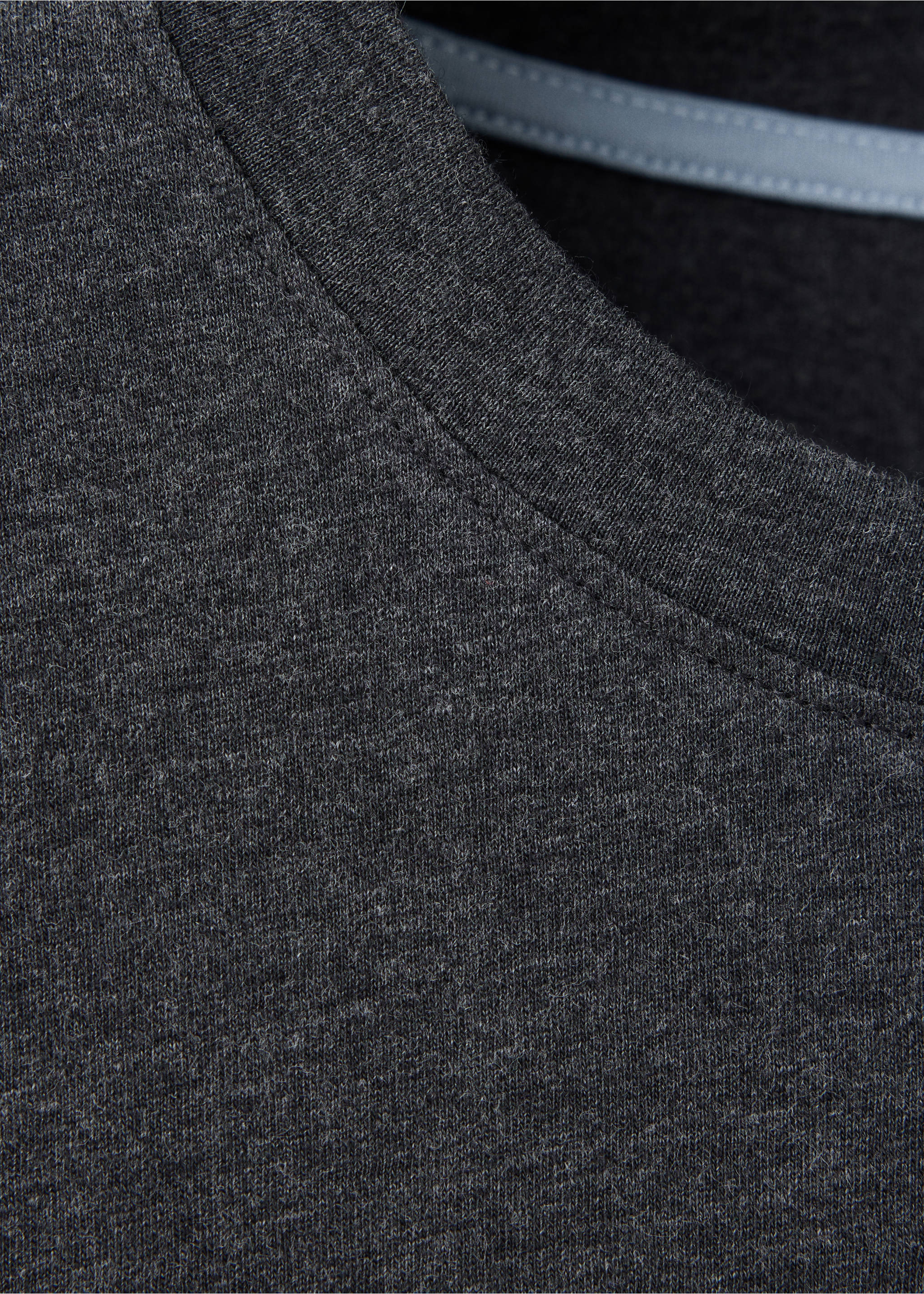 Dark grey t-shirt detail showing the ribbed crew neckline., Charcoal. Ref: 37078635-00.