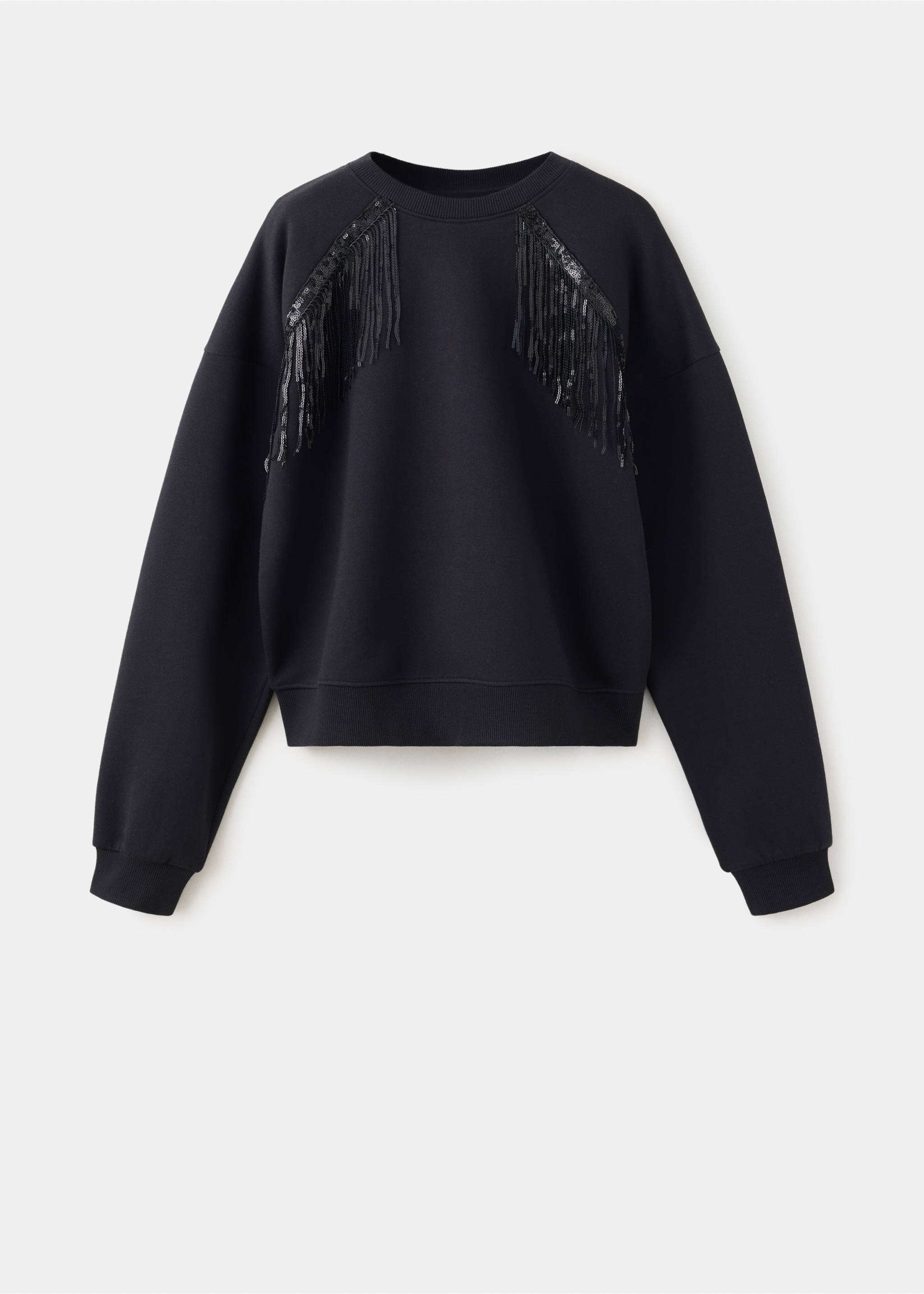 Black sweatshirt with sequin fringe shoulder panels., Black. Ref: 37078636-00.