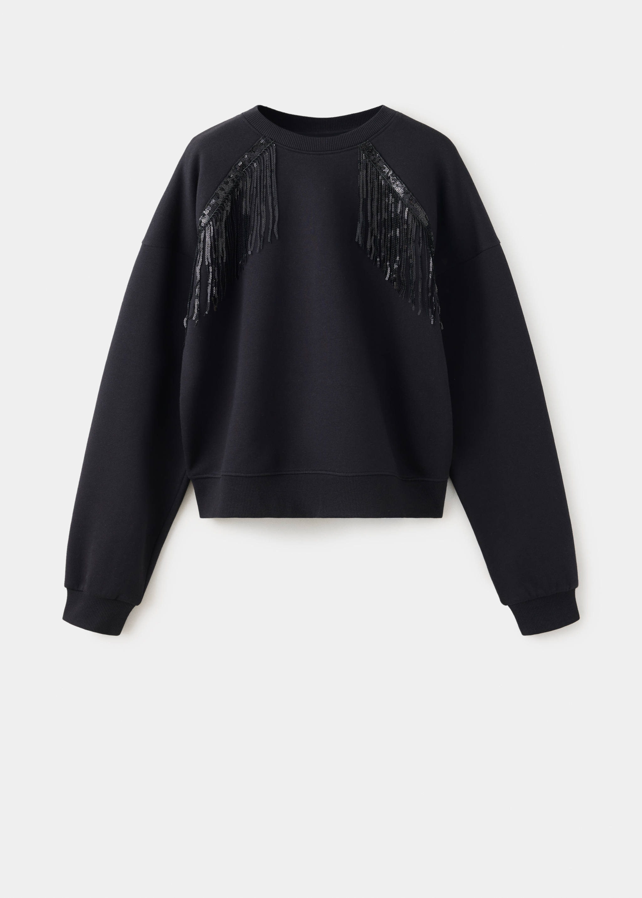 Black sweatshirt with sequin fringe shoulder panels.