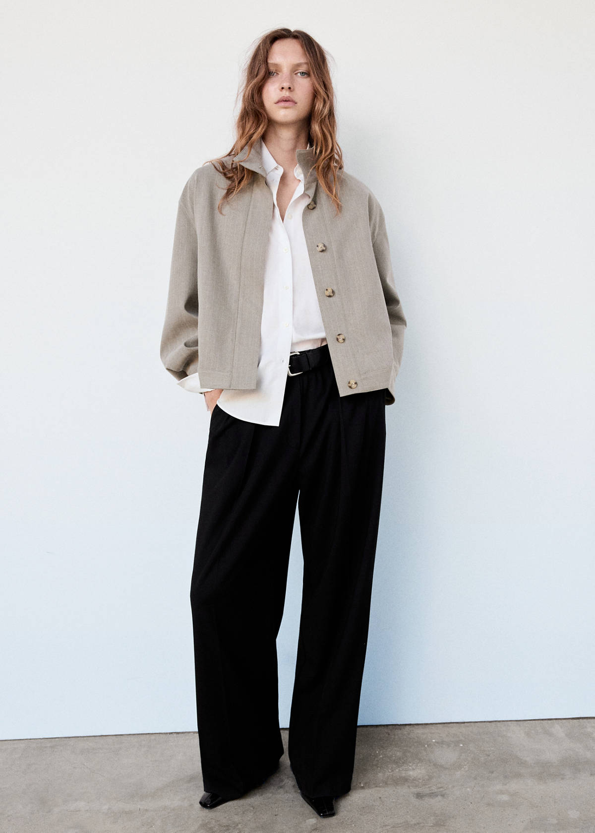 Mandarin collar pinstripe jacket