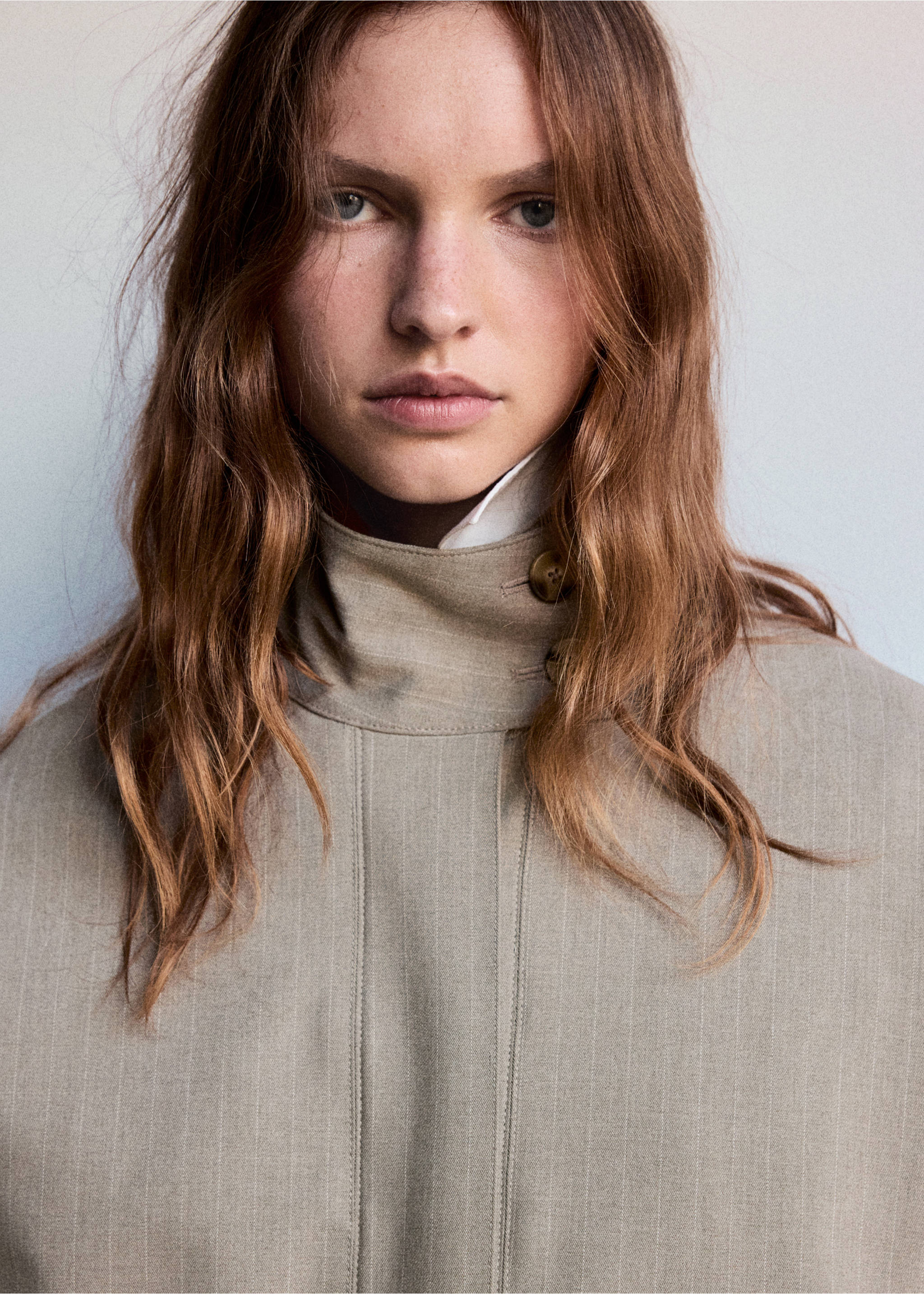 Taupe pinstripe jacket featuring a high stand collar, shown in a close-up., Medium Brown. Ref: 37078639-00.