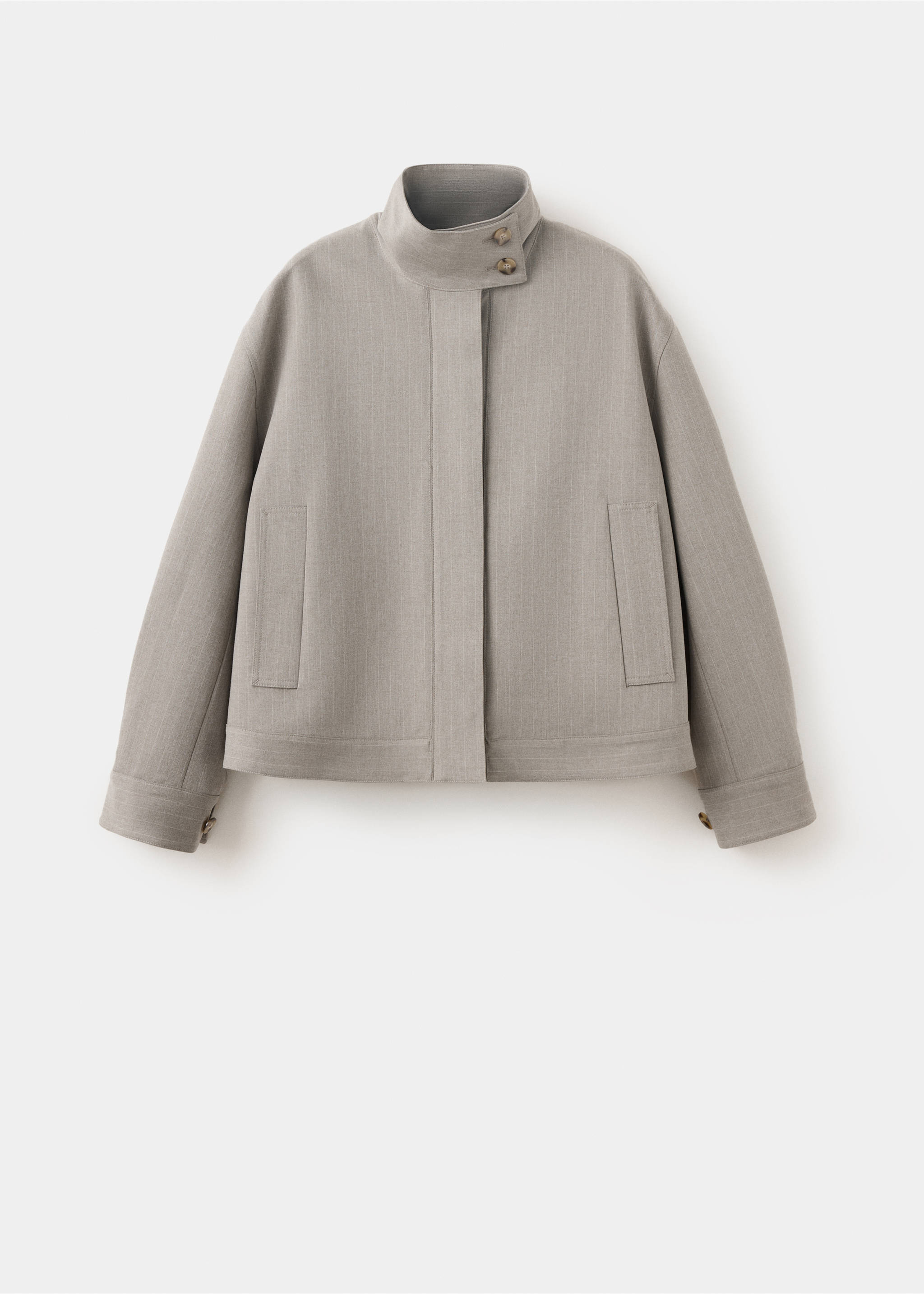 Light grey cropped jacket with a high buttoned funnel neck and concealed front placket., Medium Brown. Ref: 37078639-00.
