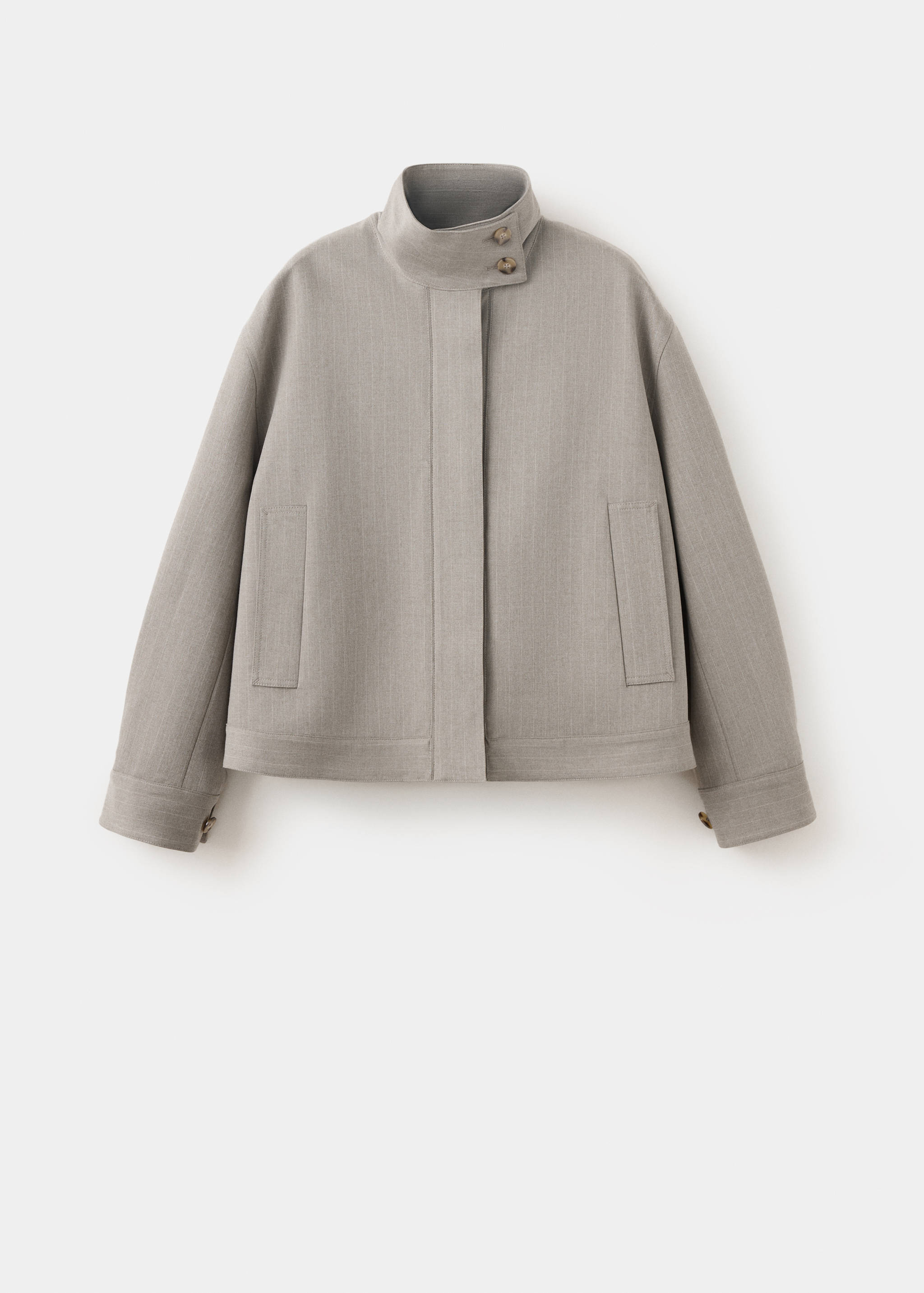 Light grey cropped jacket with a high buttoned funnel neck and concealed front placket.