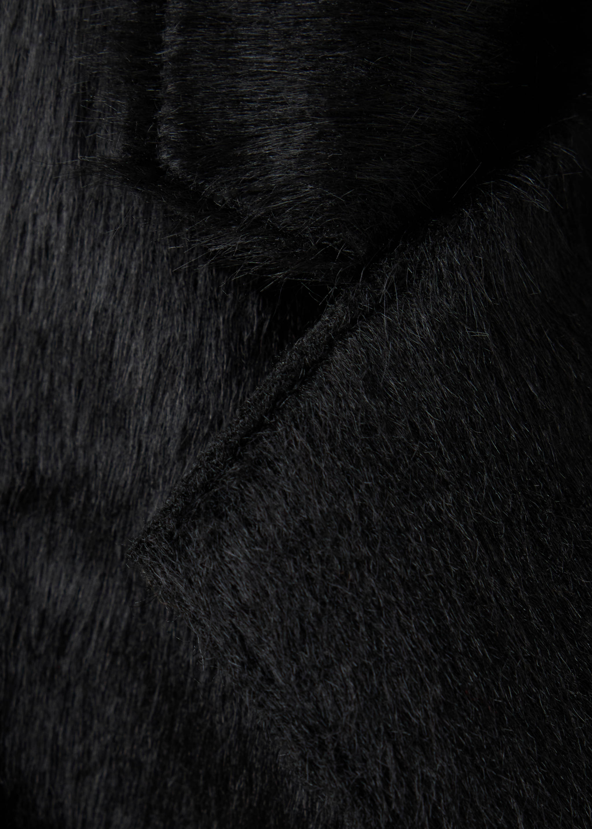 Close-up of a black coat showing the hairy faux-fur texture and lapel.
