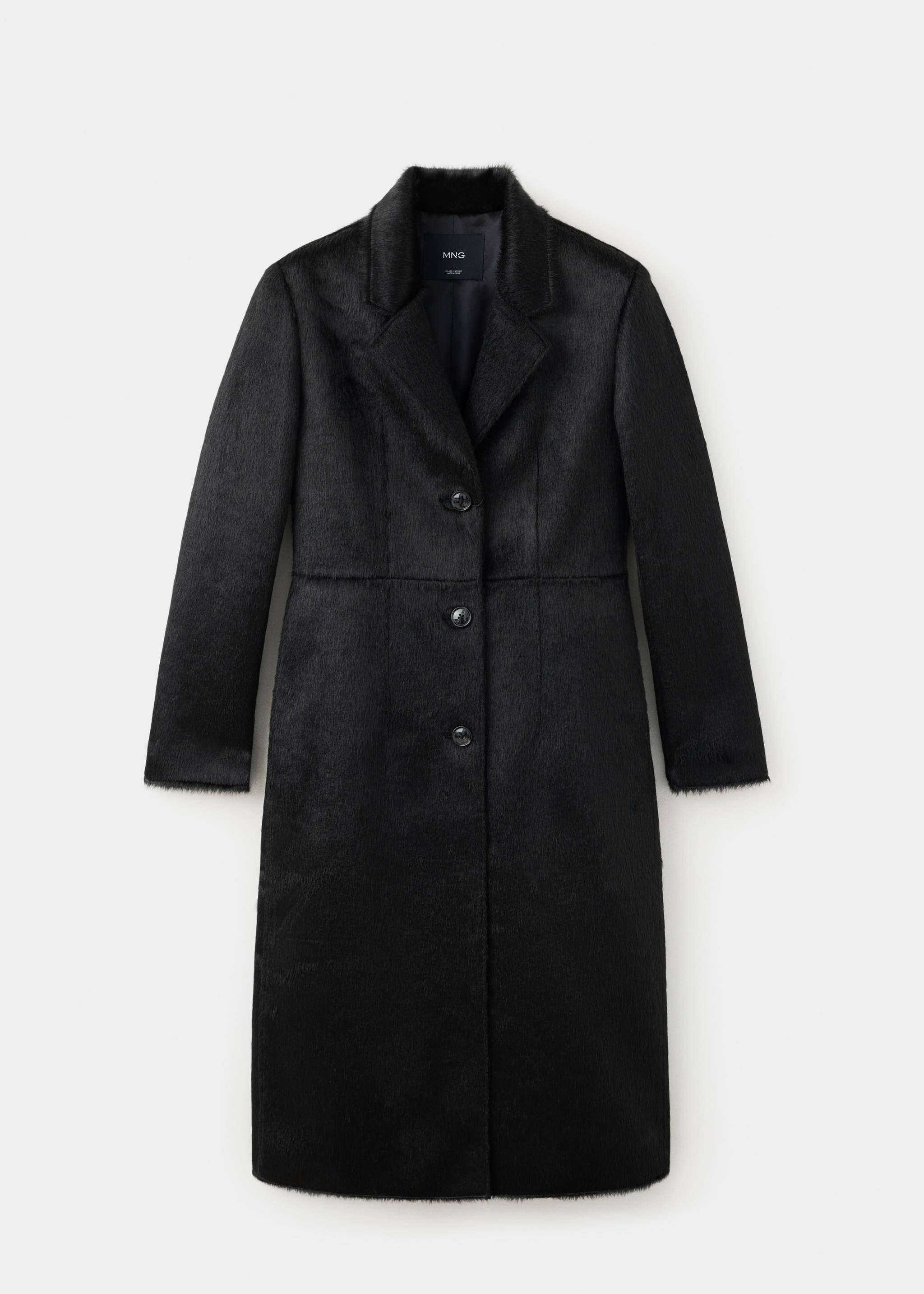 Black long coat with notched lapels and front button closure.