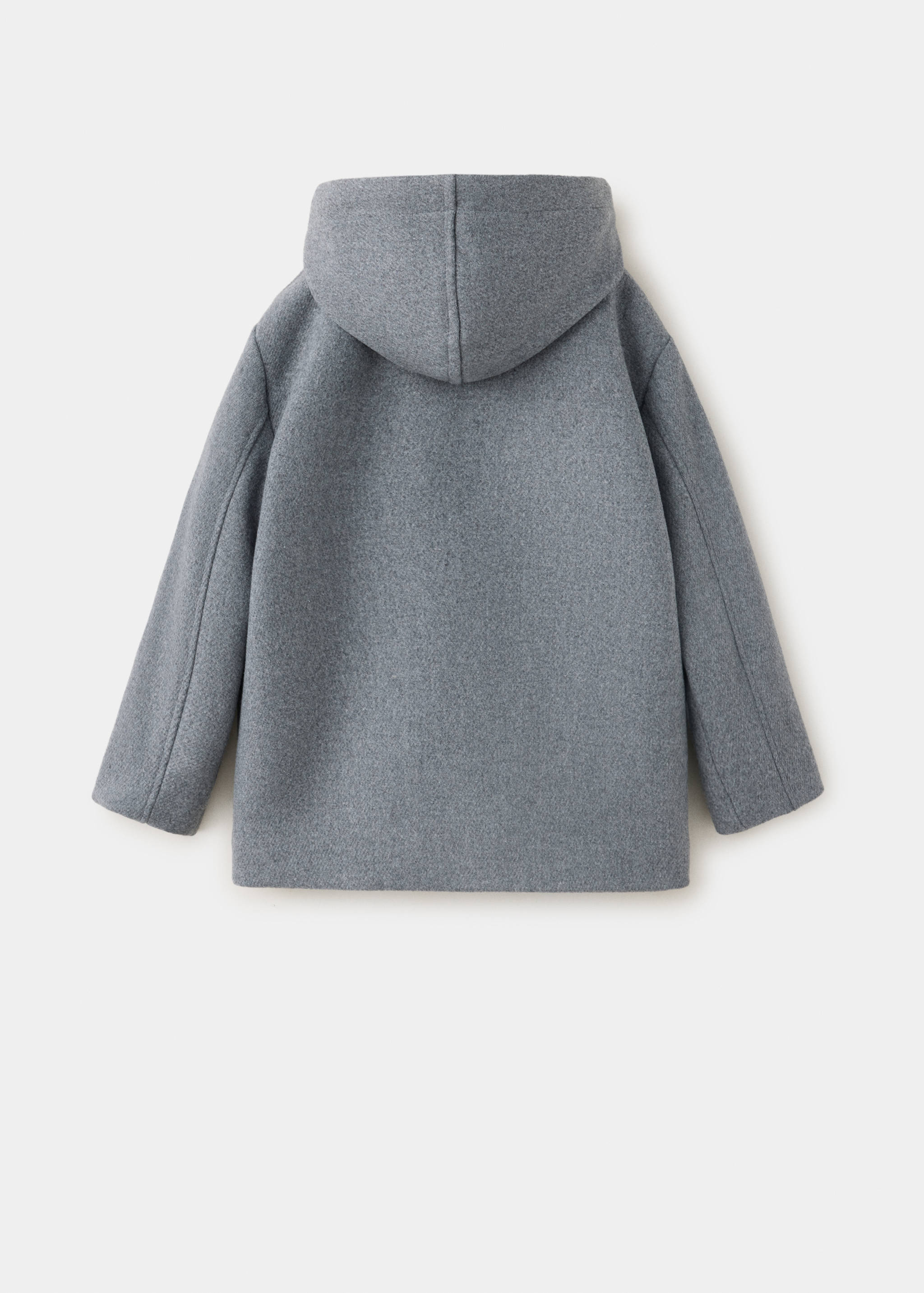 Grey children's coat with hood, shown from the back in a still life.