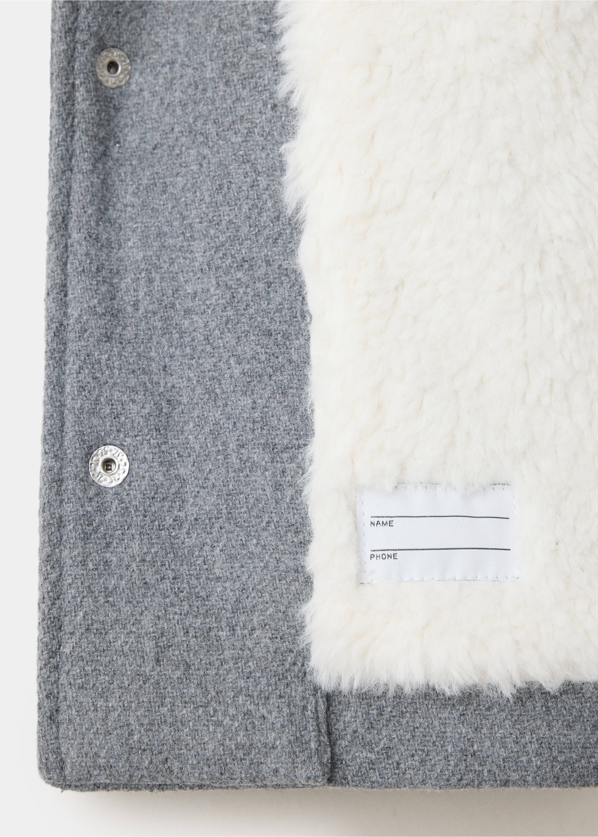 Grey kids coat detail showing white faux-shearling lining, Grey. Ref: 37079116-00.