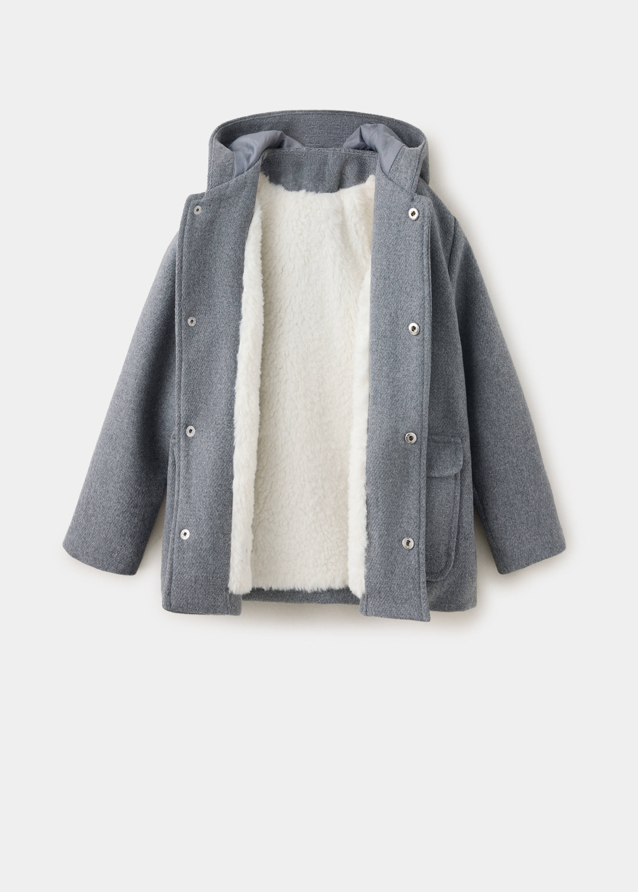 Grey children's coat with a hood and white faux-shearling lining.