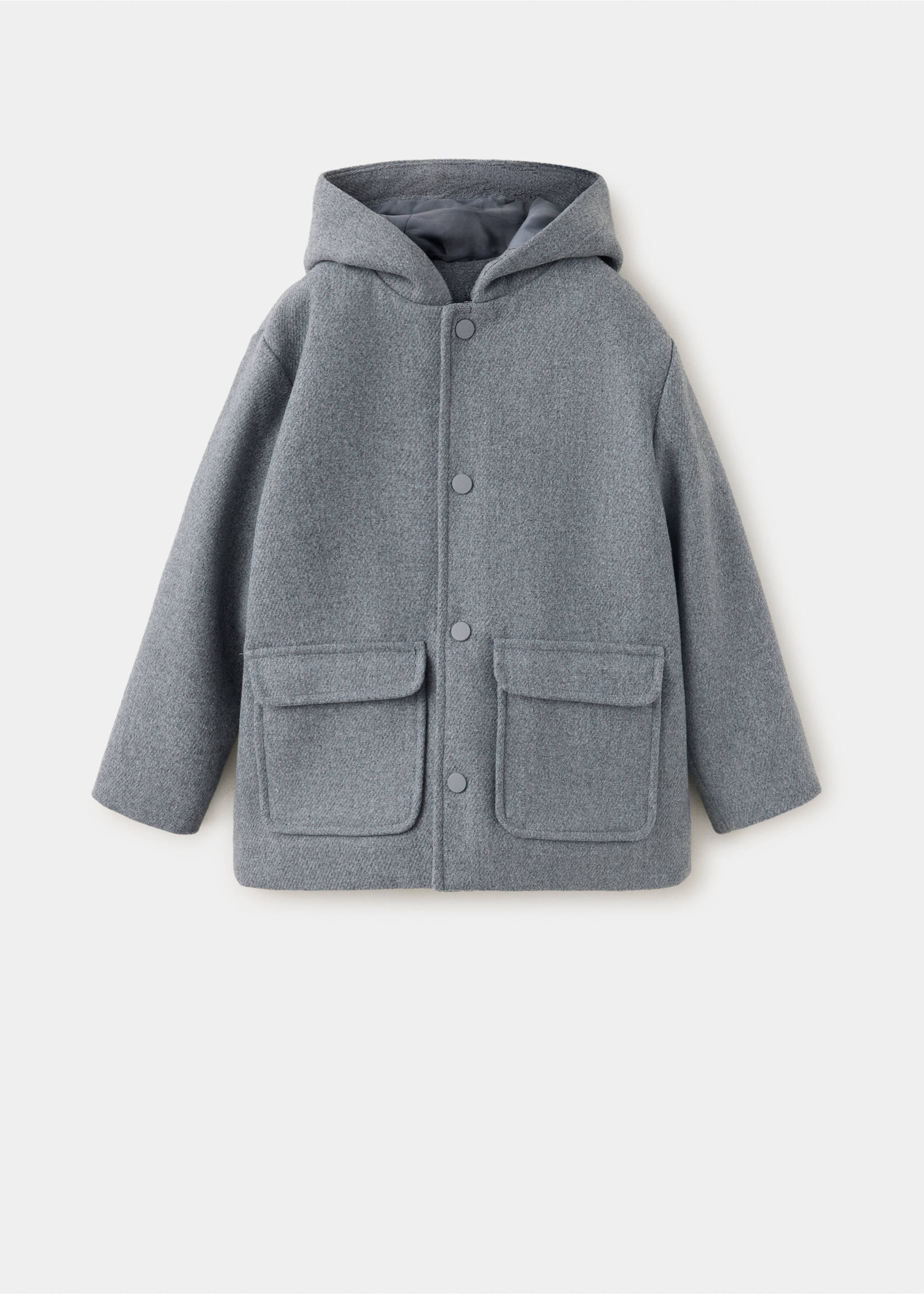 Grey kids' hooded coat with snap buttons and front patch pockets., Grey. Ref: 37079116-00.