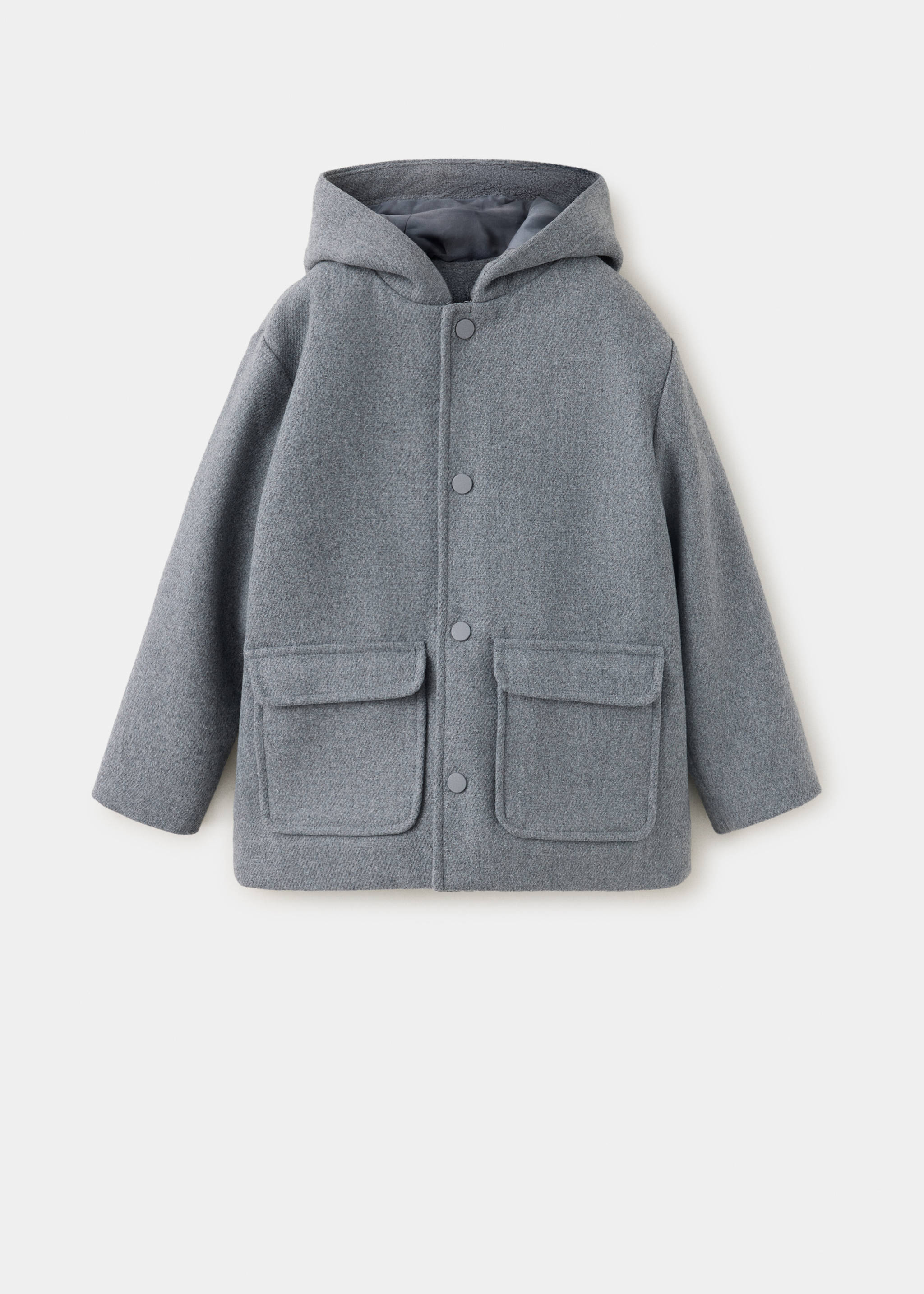 Grey kids' hooded coat with snap buttons and front patch pockets.