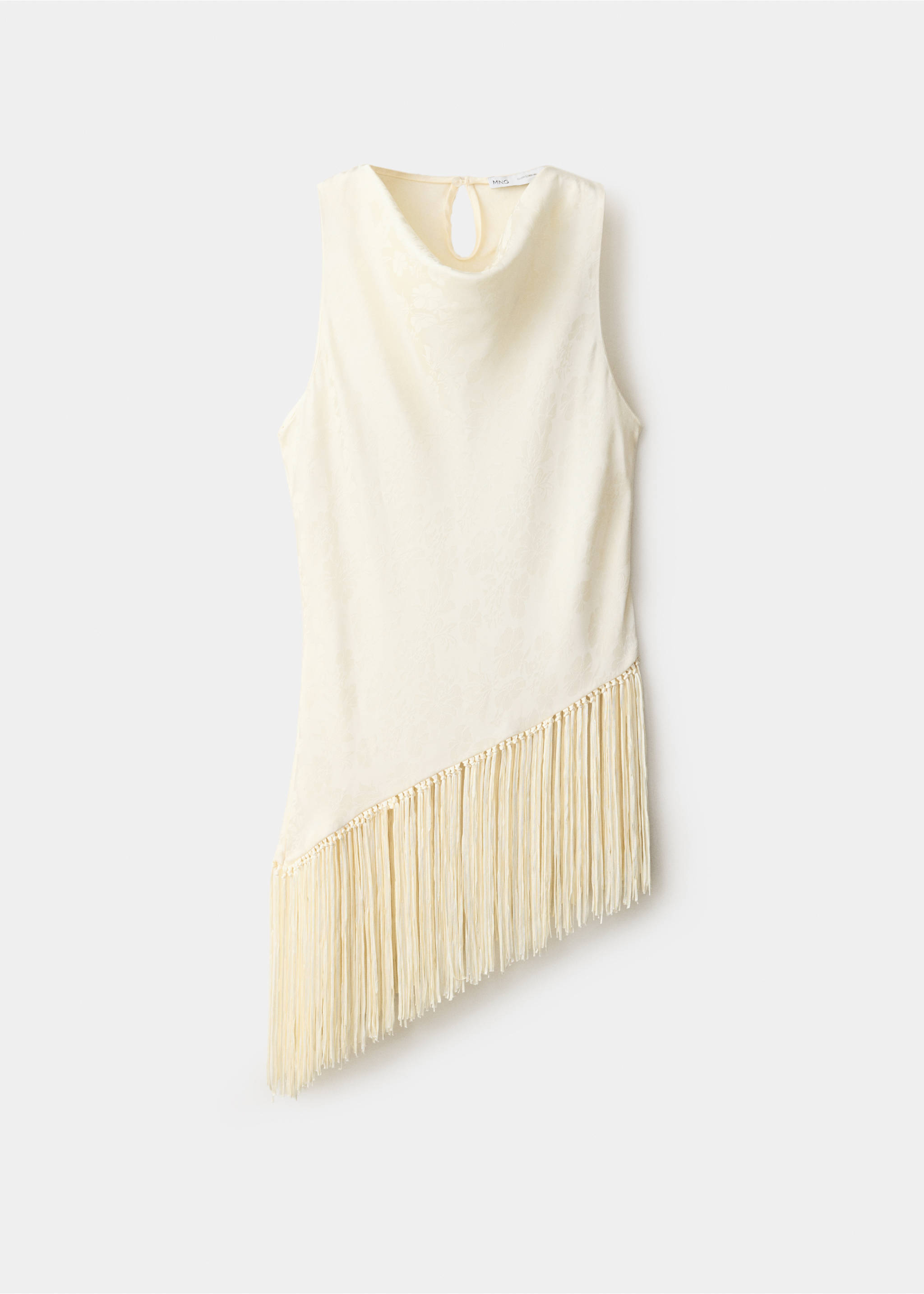 Cream jacquard top with cowl neck and diagonal fringe hem., Ecru. Ref: 37079117-00.