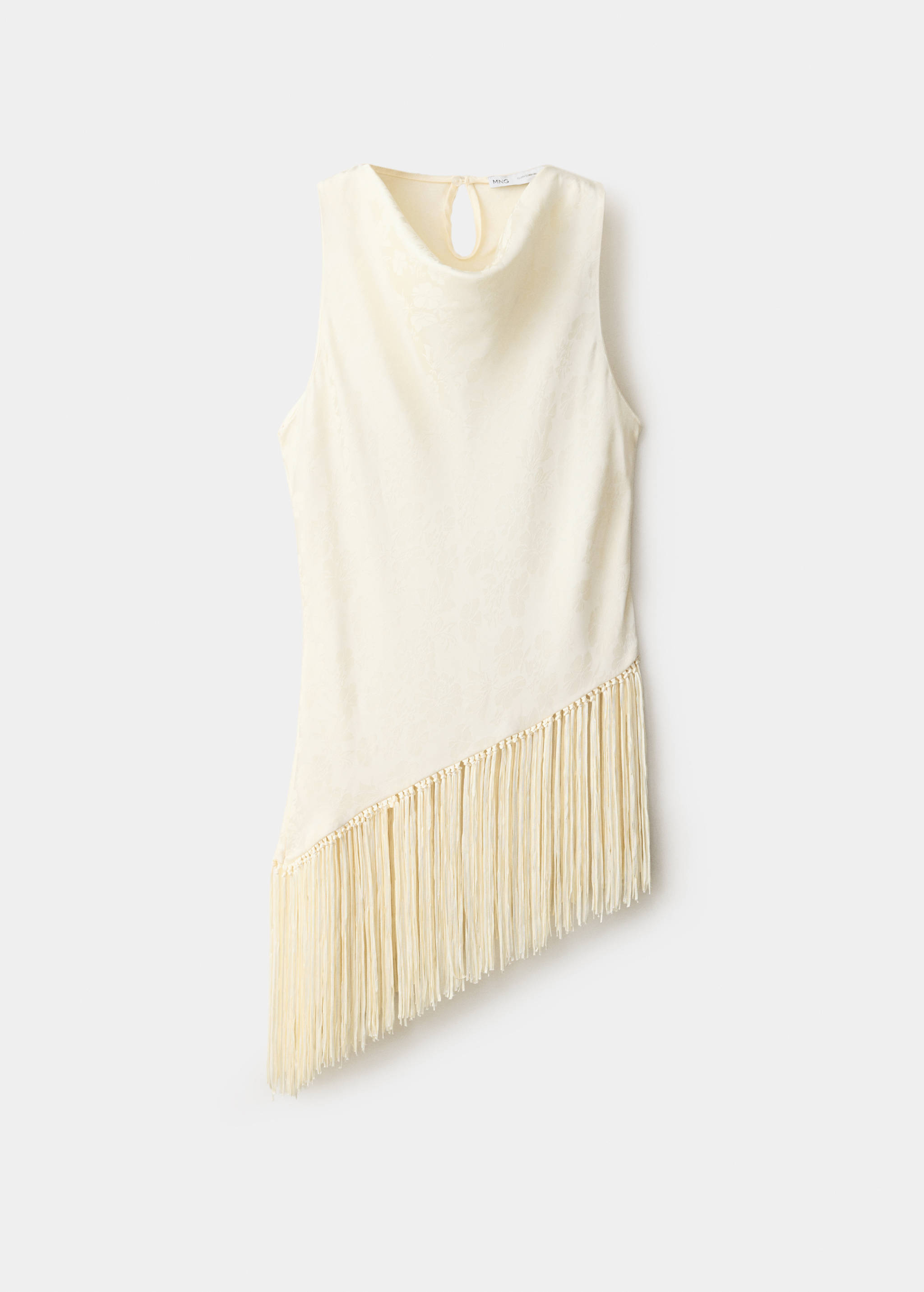 Cream jacquard top with cowl neck and diagonal fringe hem.