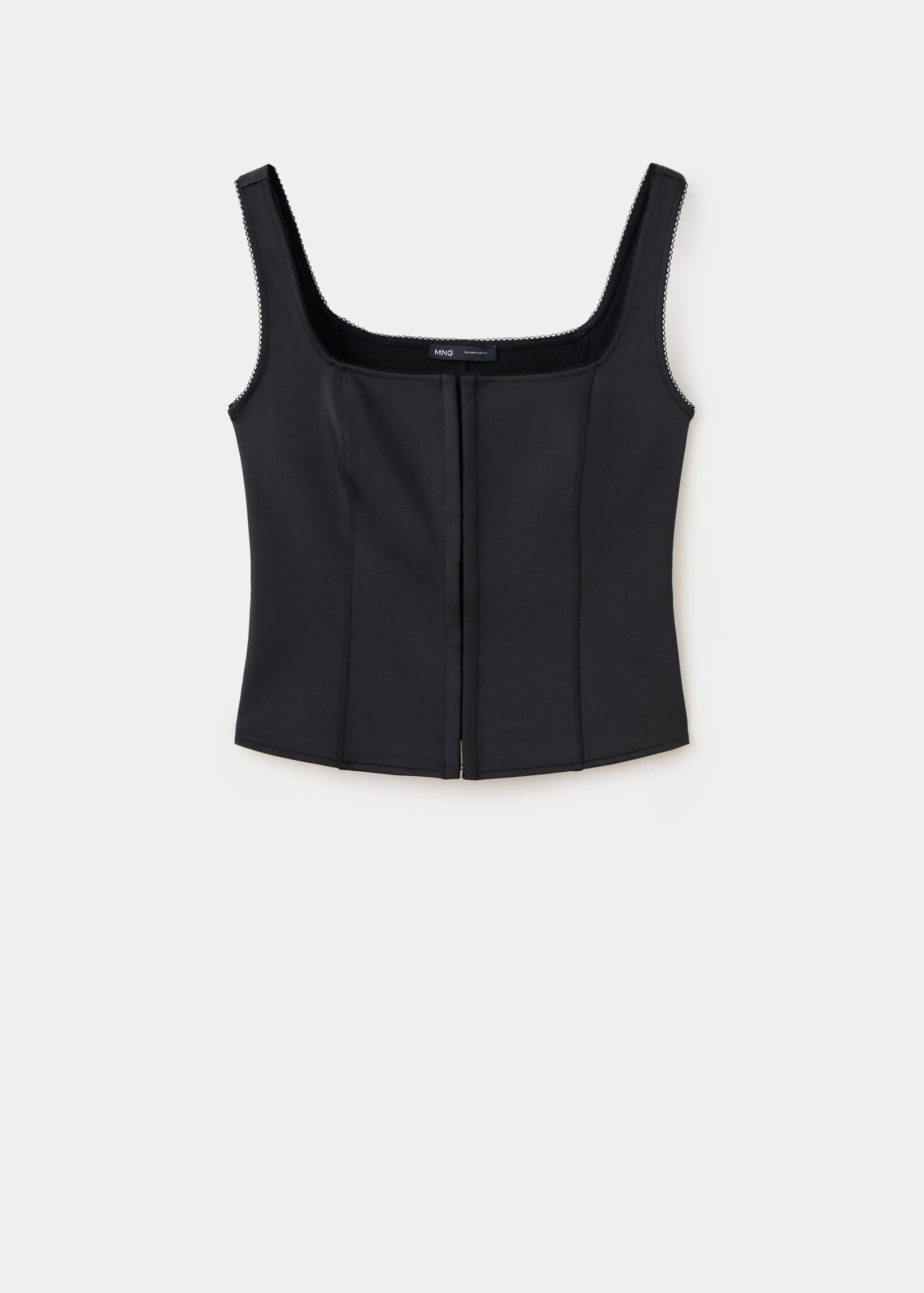 Black waistcoat with a square neckline and structured seams.