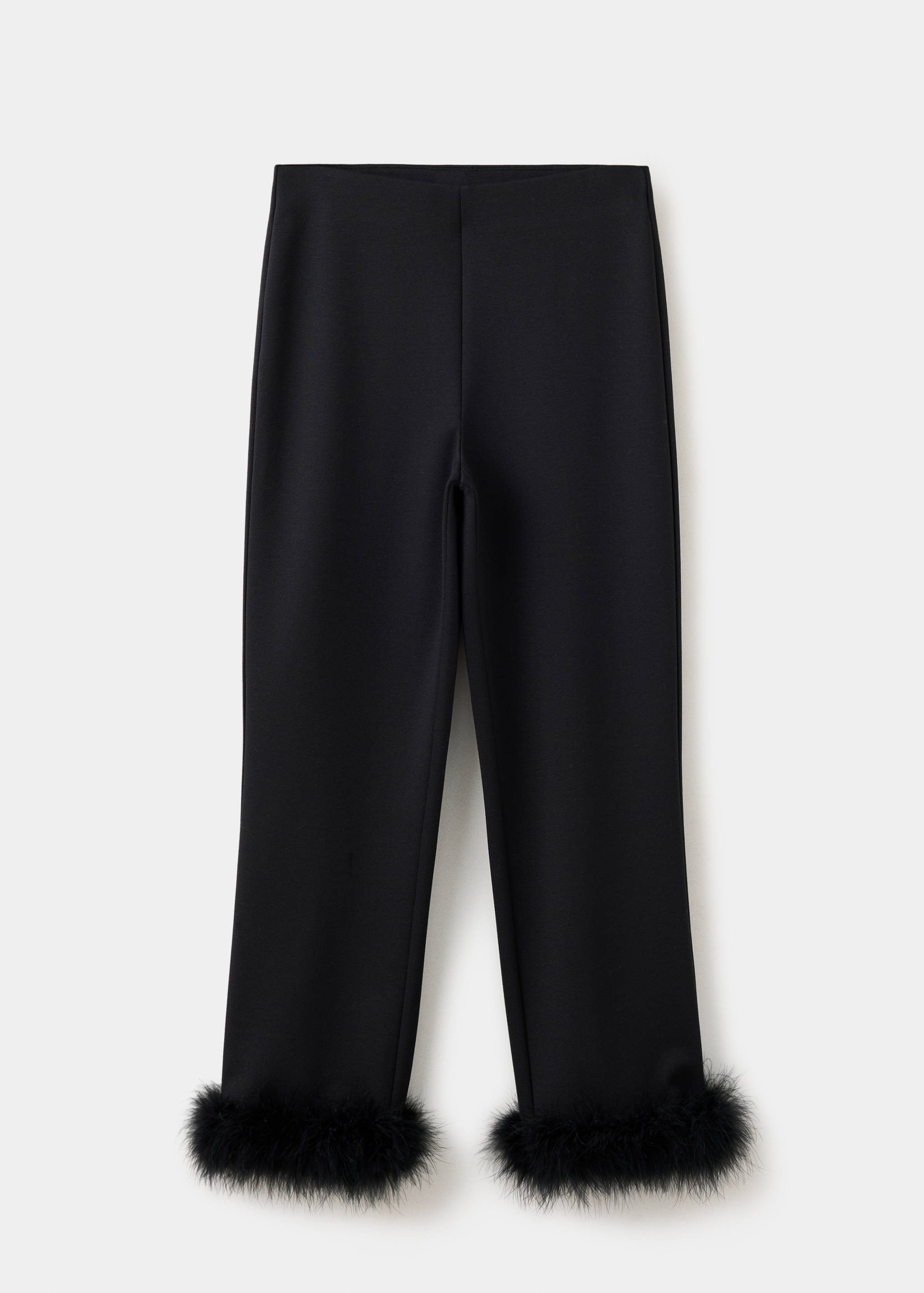 Black straight-leg trousers with faux-fur hem trims.