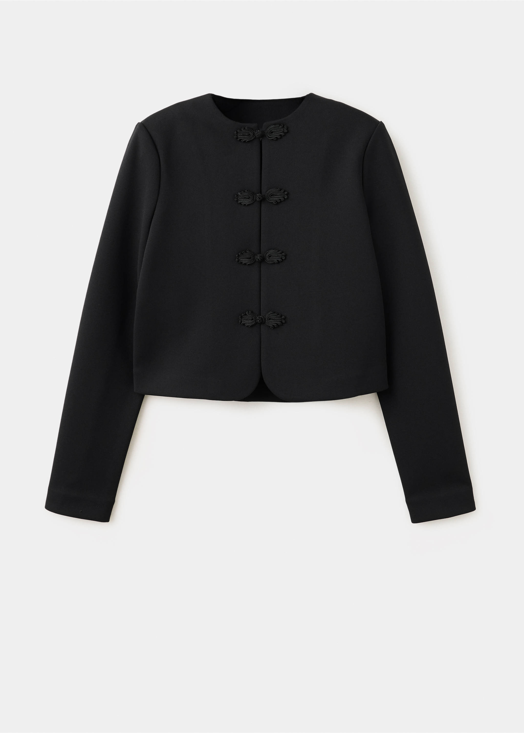 Black cropped jacket with a round neckline and braided knot closures., Black. Ref: 37079124-00.