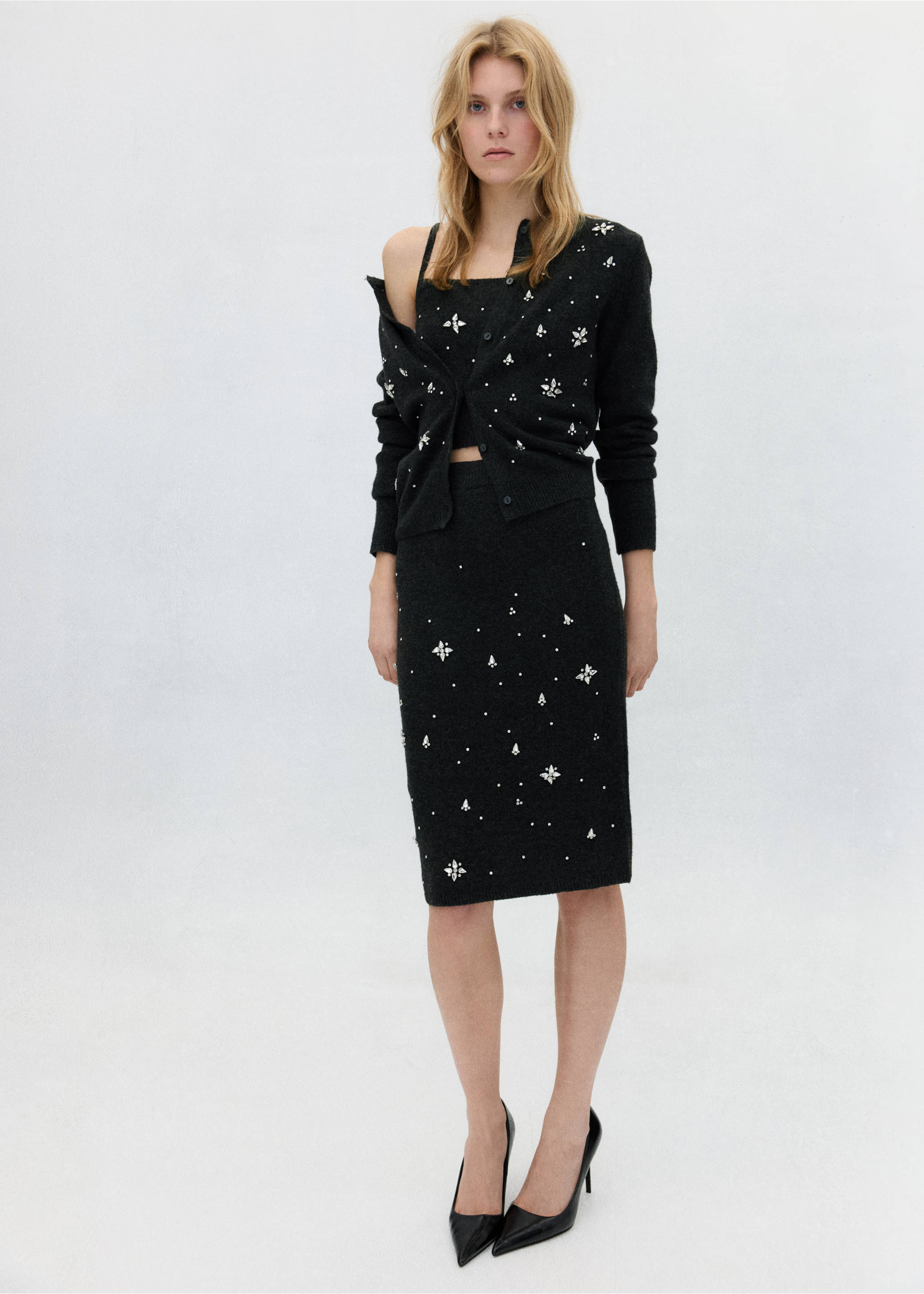 Dark grey embellished midi skirt worn with a matching top and cardigan., Charcoal. Ref: 37079125-00.