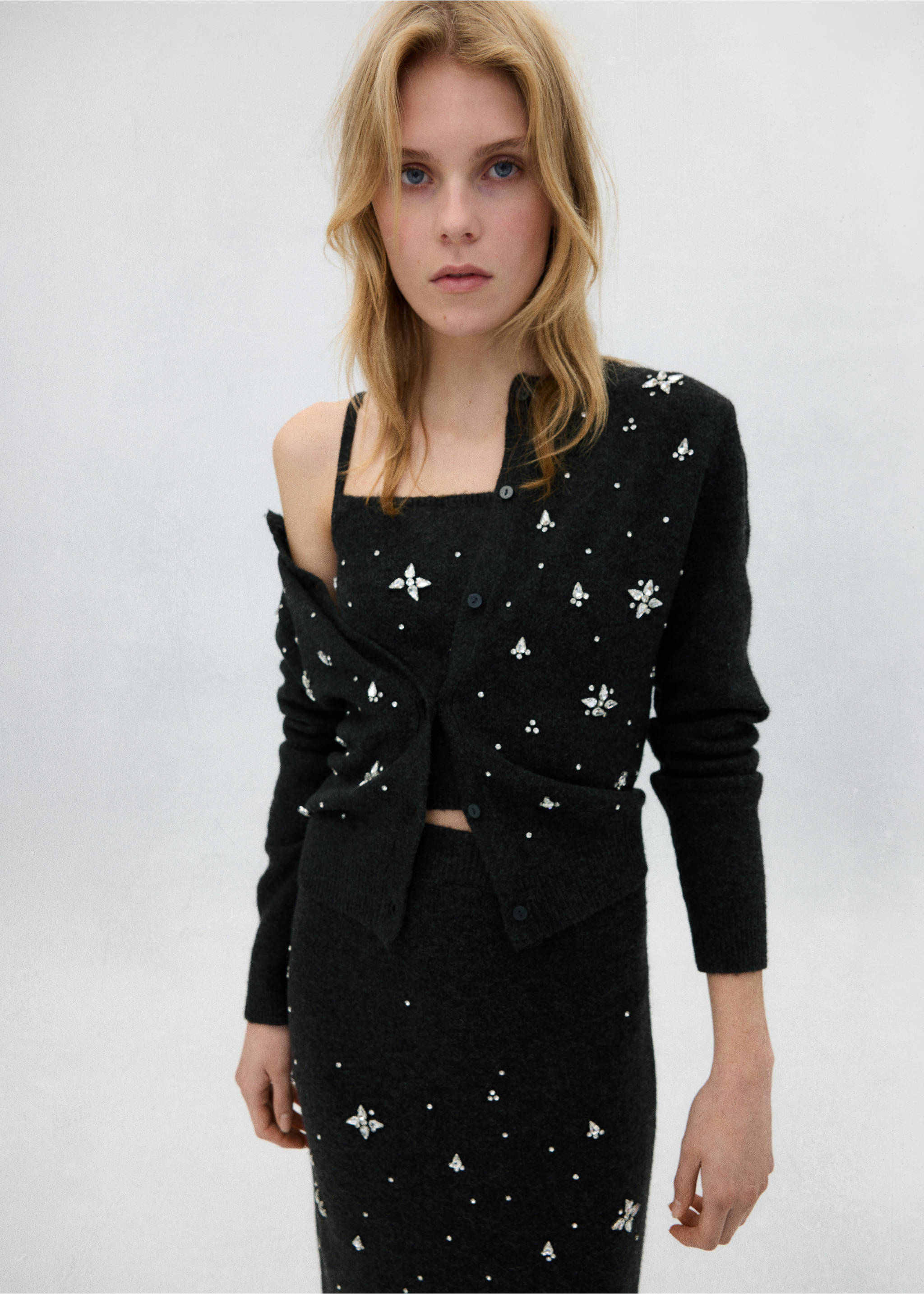 Dark grey embellished knit skirt with matching cardigan and top., Charcoal. Ref: 37079125-00.
